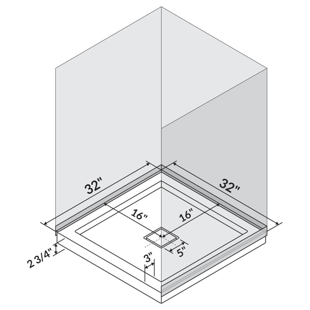 32"x32" Shower Base Pan Left Double Threshold Wall Corner Center Drain LessCare 