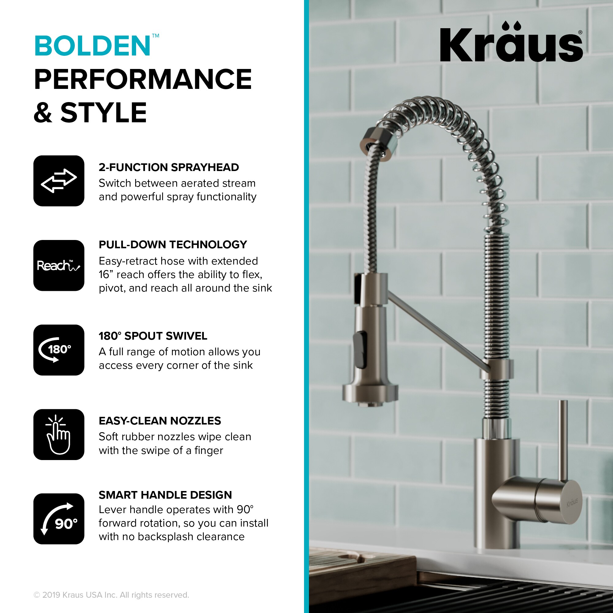 Stainless Kraus KPF-1610 Bolden 1.8 GPM 18" Pull-Down Spray Kitchen Faucet 