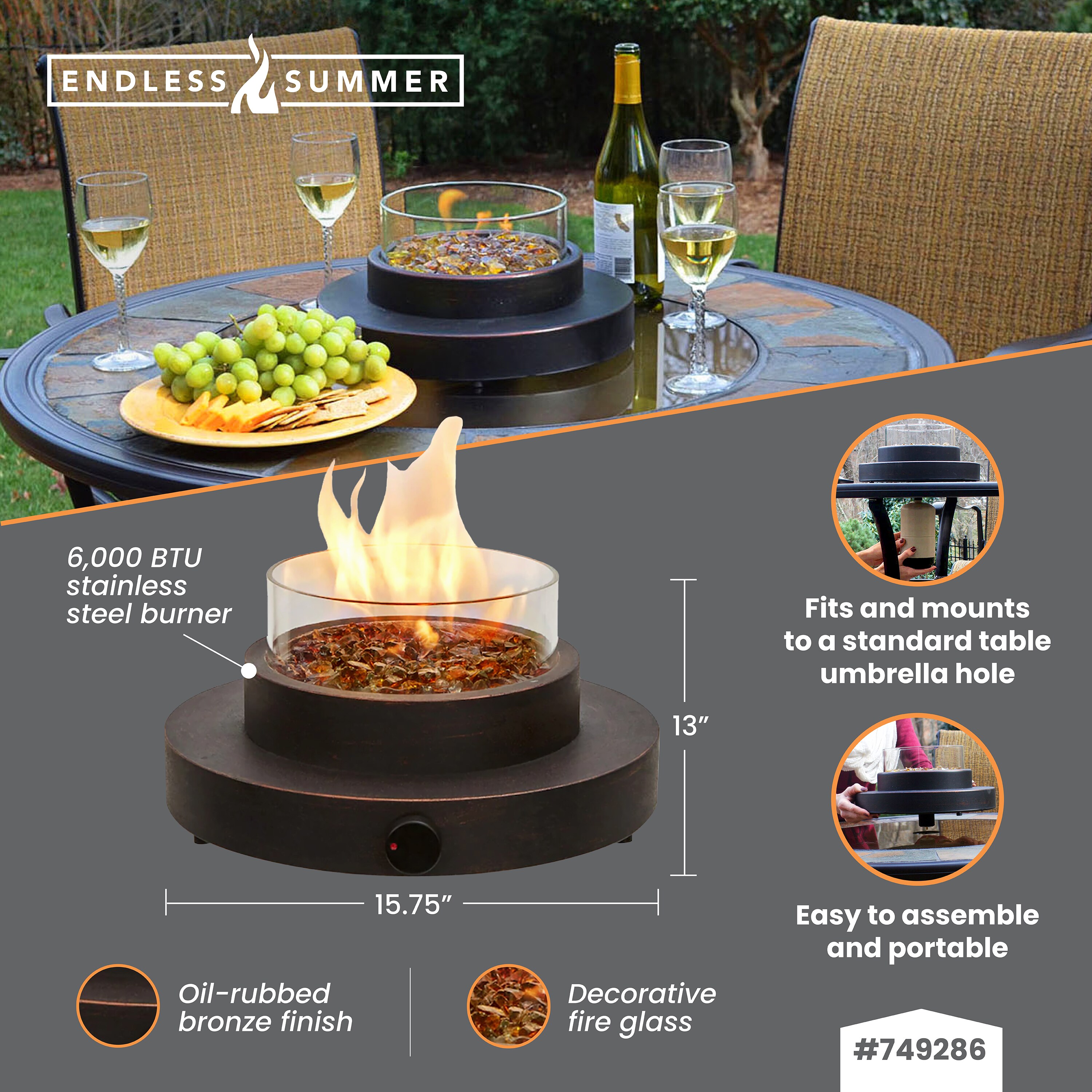 14 inch Oil Rubbed Bronze Portable Tabletop Steel Firebowl Fireplace Decor Mount 