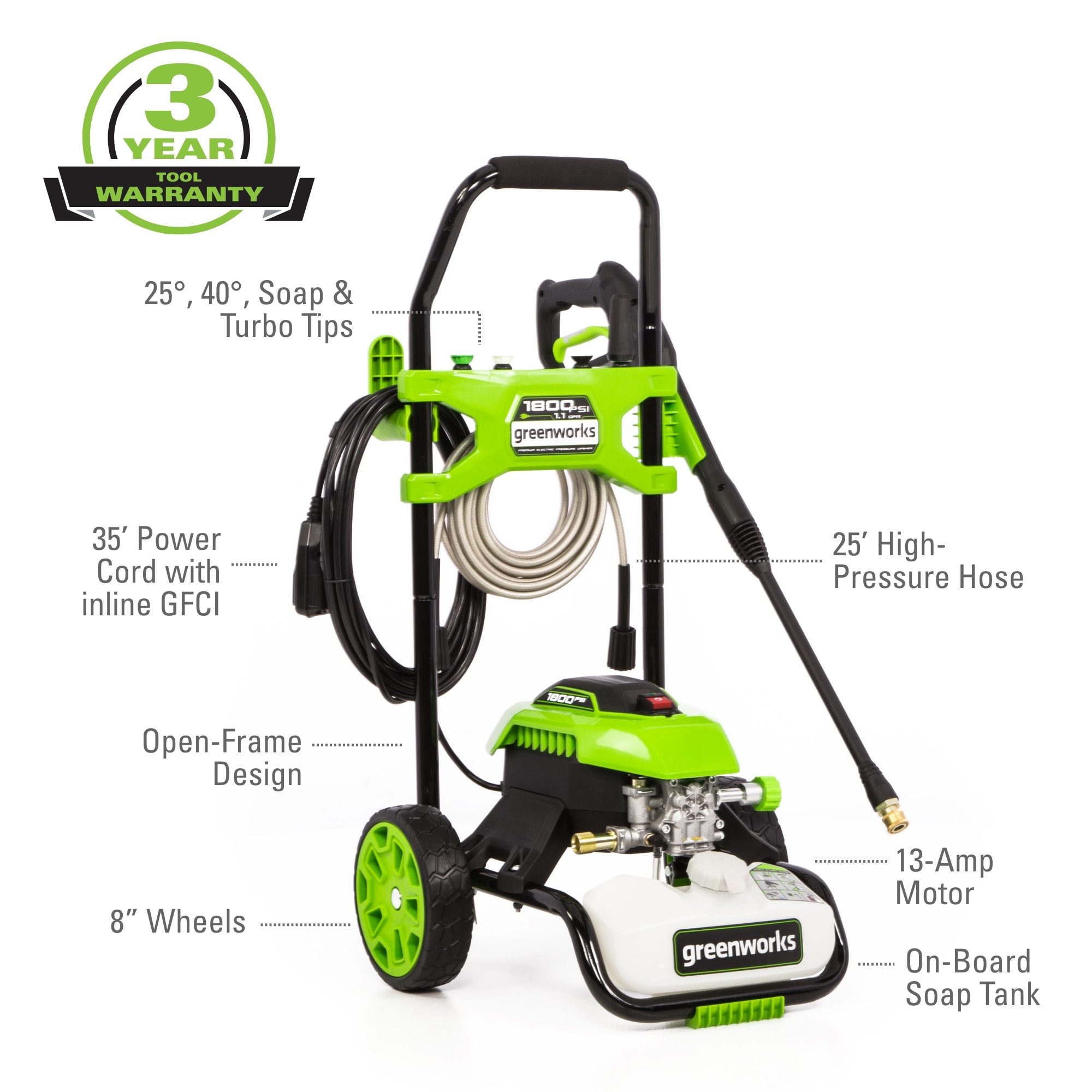 GreenWorks GPW1803 13A 1800-PSI Electric Pressure Washer for sale online