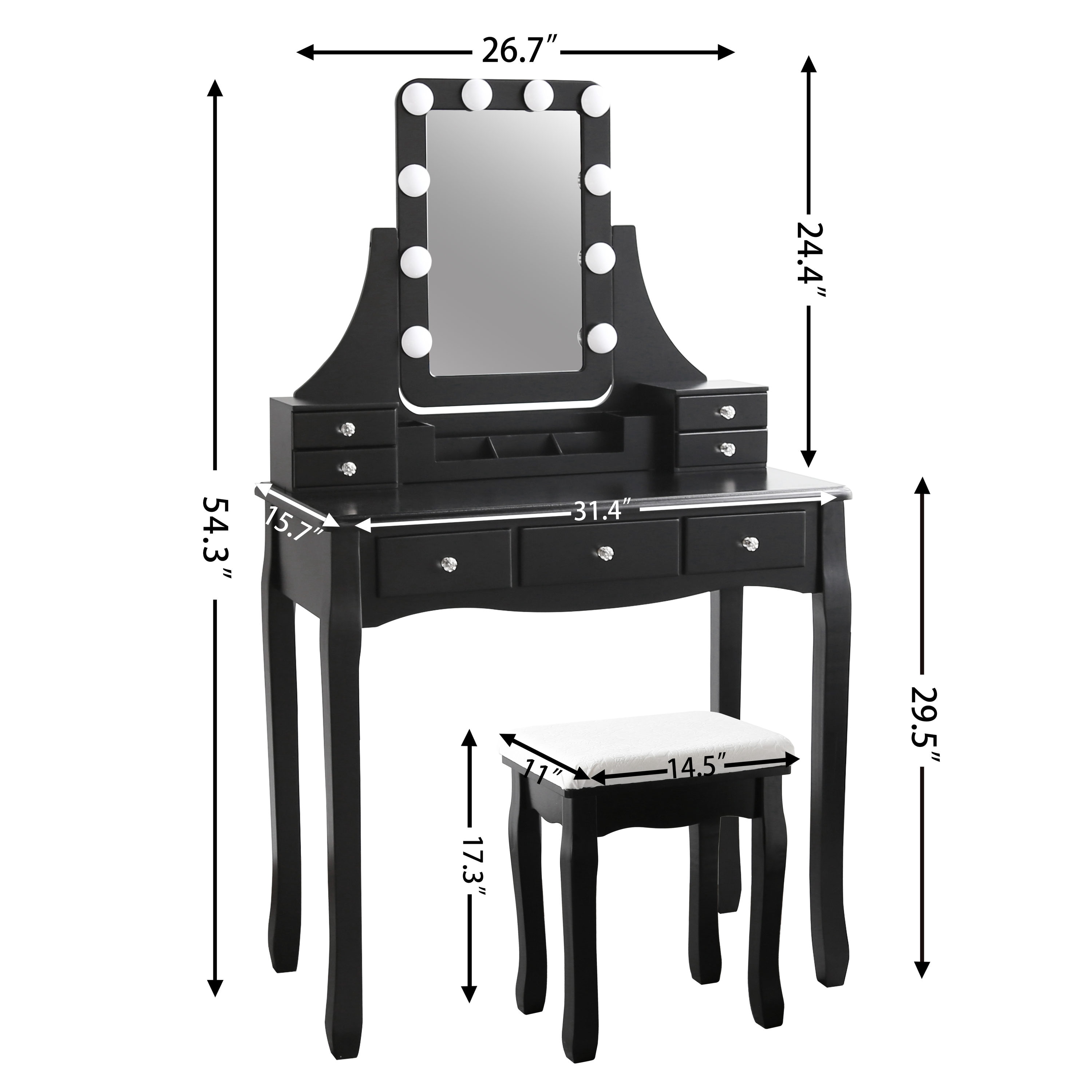 Makeup Vanity Table Set with LED Lights Mirror and 4 Drawers Dressing Desk Black 