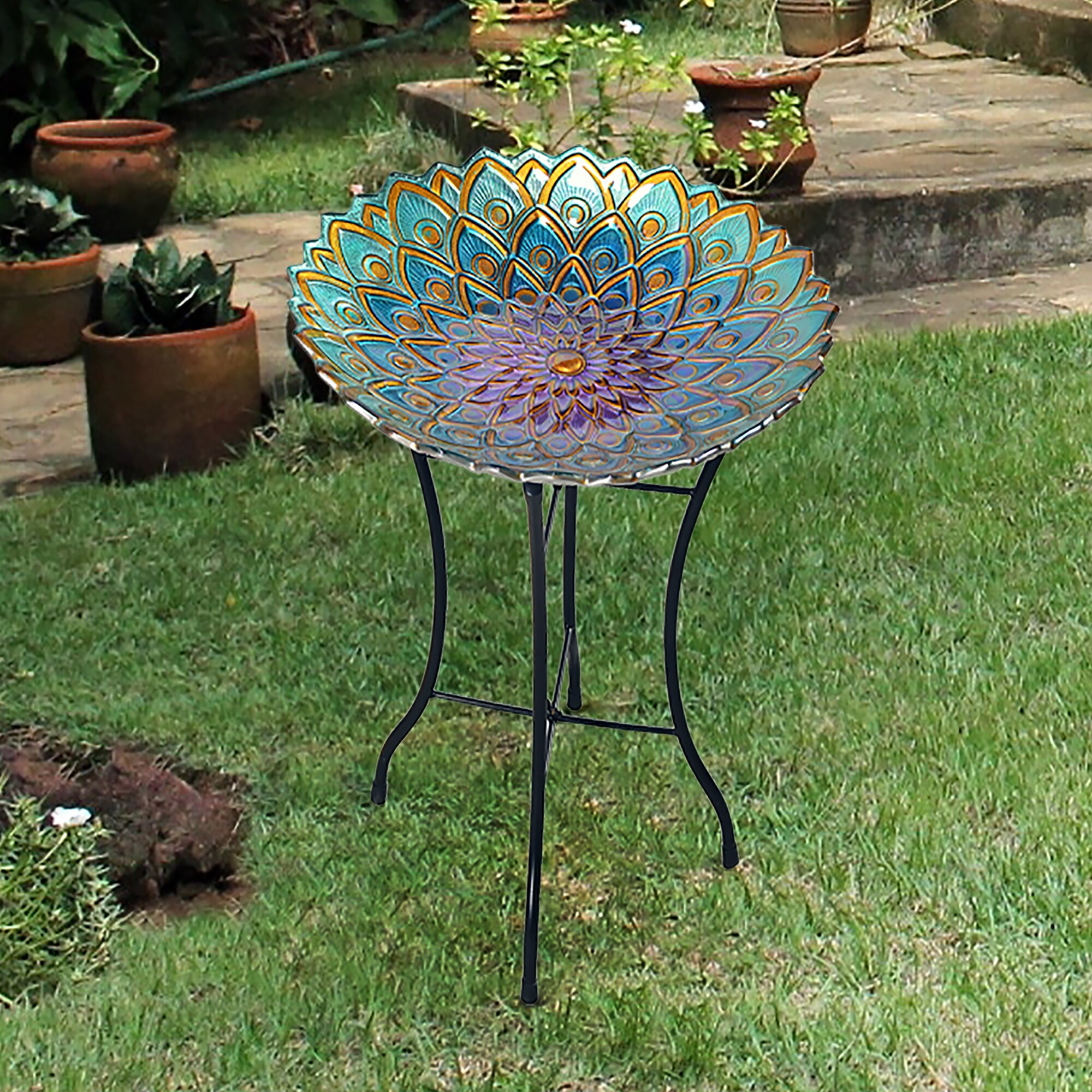 Home Bird Bath Solar Sunflower Design Glass With Stand Garden New Adorable 