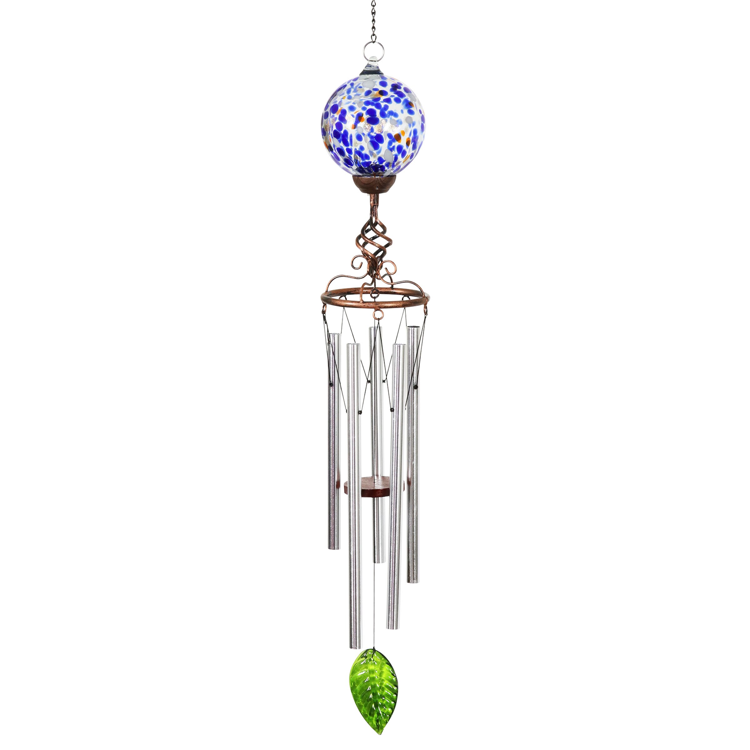 Handblown Glass Amber Exhart Solar Caged Glass Ball with Metal Finial Wind Chime Bronze Finished Finial Solar Powered Accent Light 5 W x 32 L 