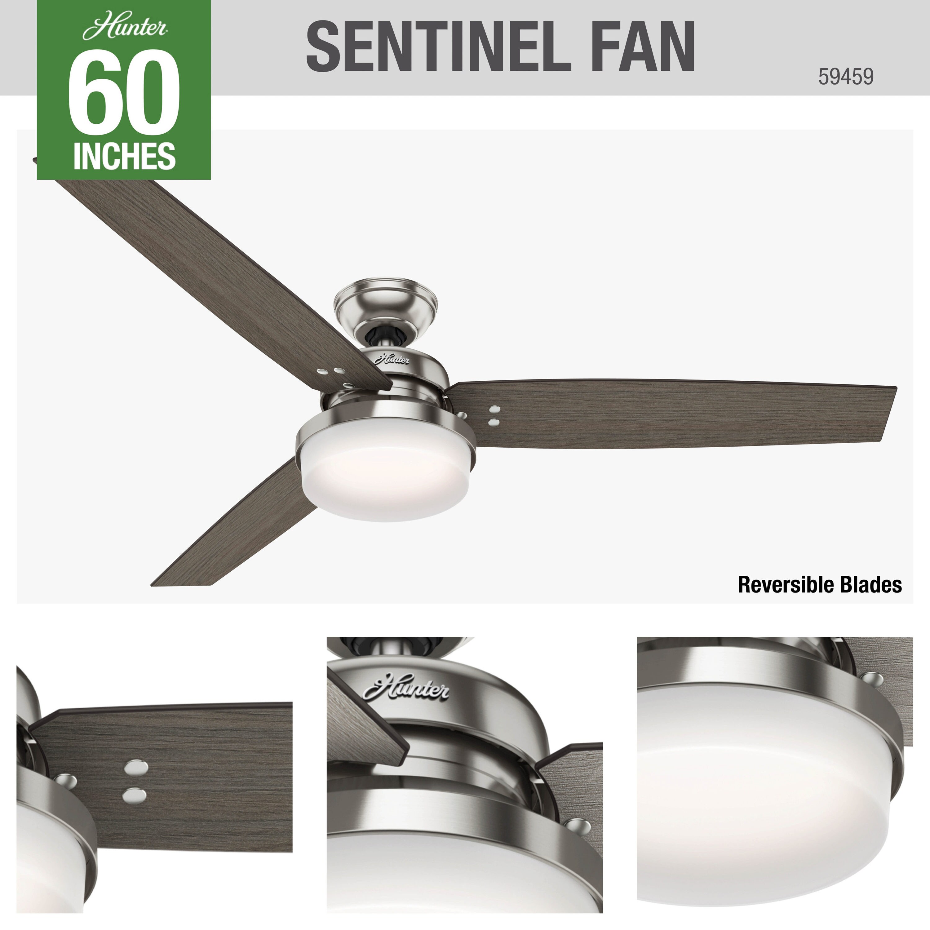 Details about   Hunter Fan 60 inch Casual Brushed Nickel Ceiling Fan with Light Kit and Remote 
