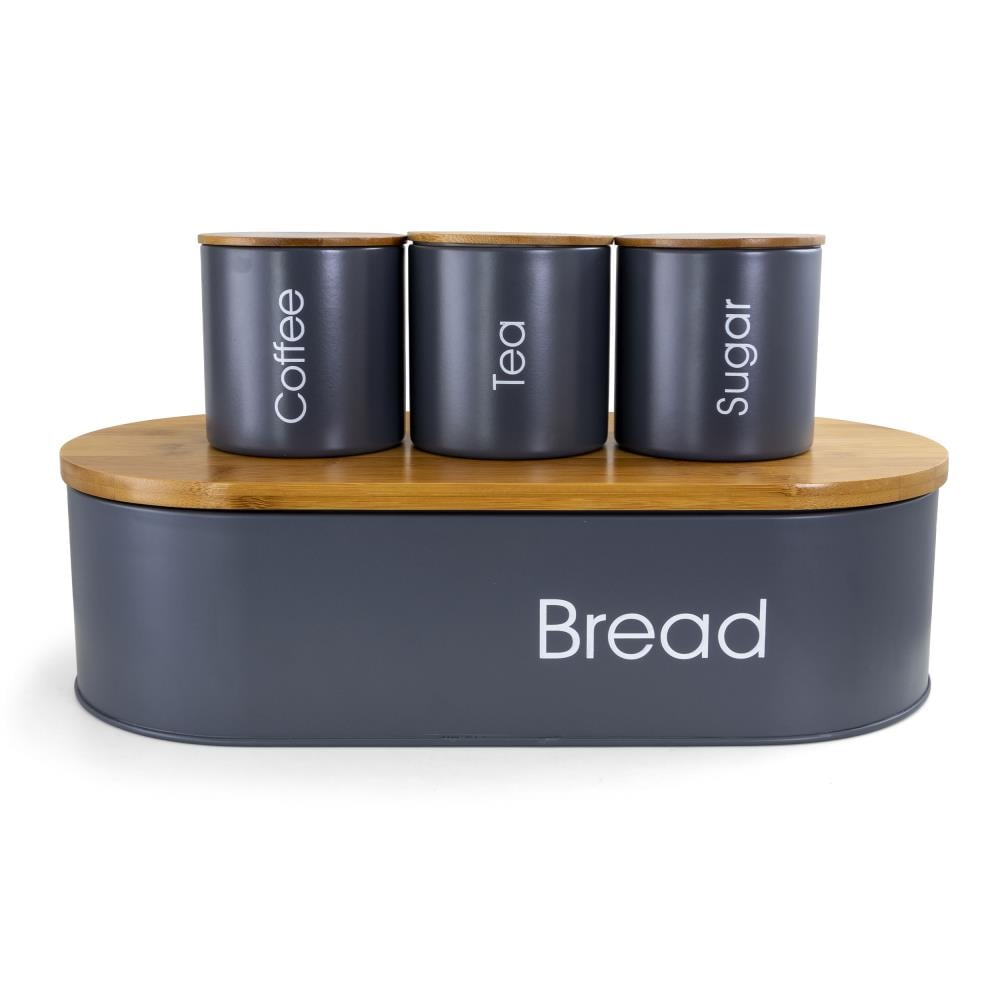 Stainless Steel 4pc Bread Bin With Canister Set Tea Coffee Sugar Jar Kitchen Pot 