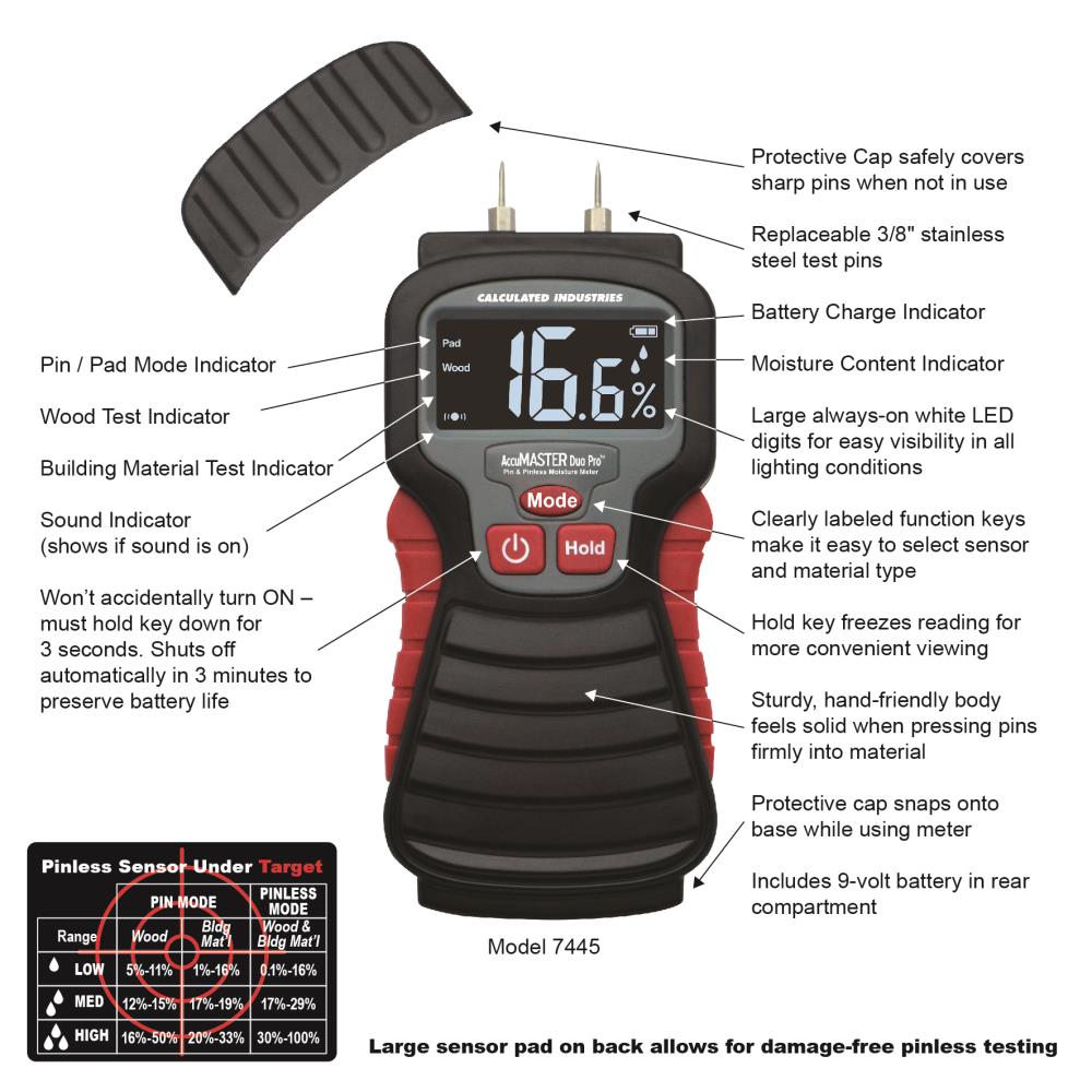 Calculated Industries AccuMASTER Duo Pro Pin and Pinless Digital Moisture Meter (Battery Included)