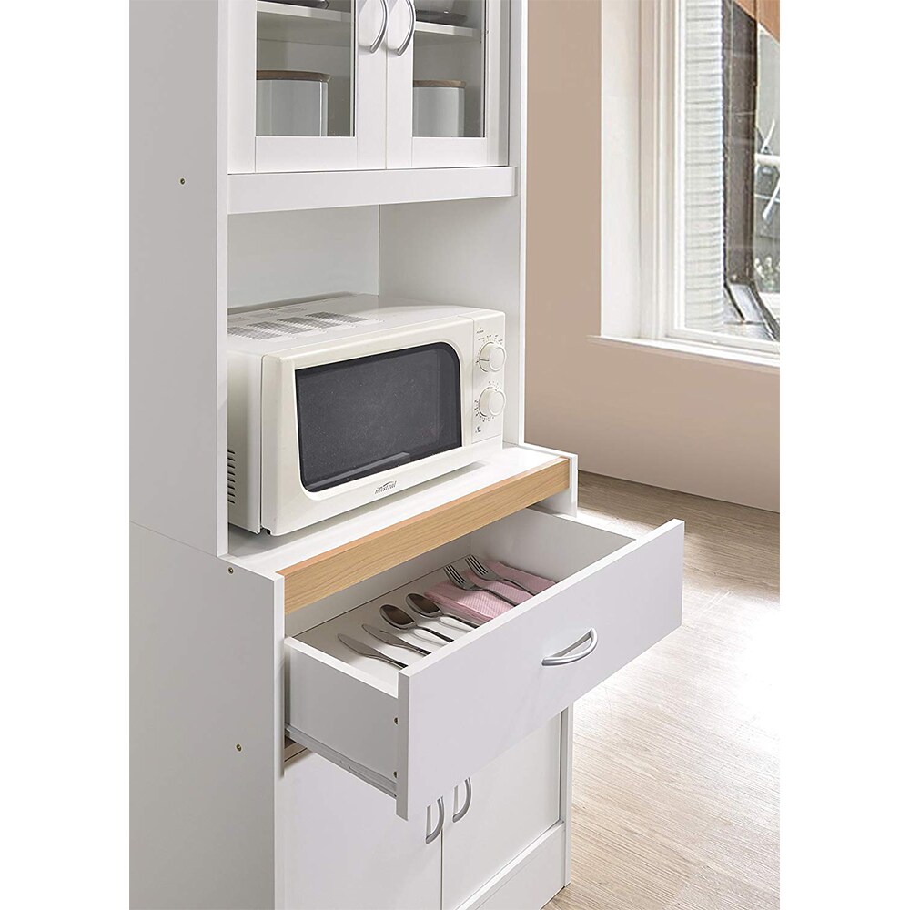 Hodedah Cherry Microwave Kitchen Rolling Cart Stand Wood Drawer 2-Door Cabinet 
