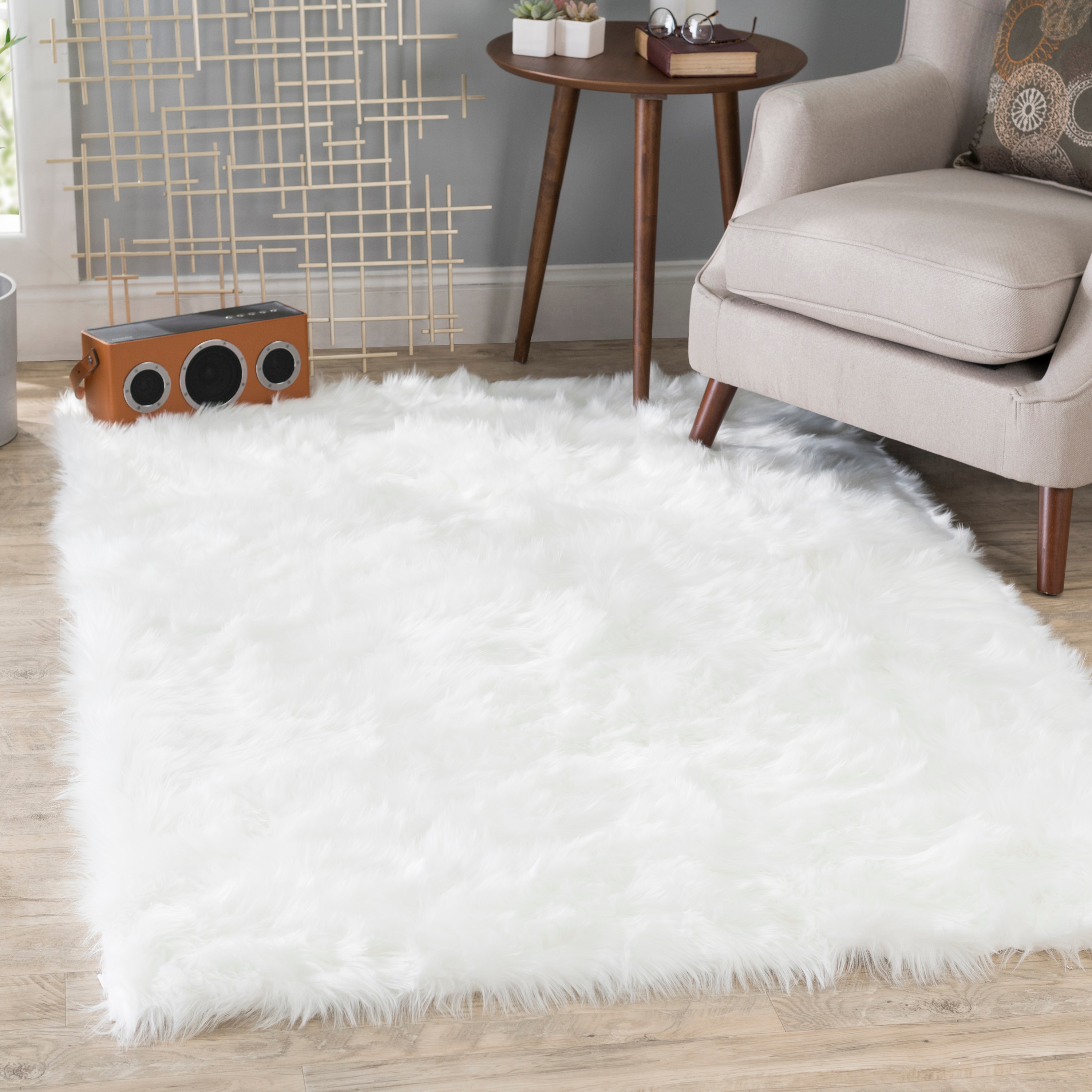 OFF WHITE Faux FUR area Rug 3' x 5' washable non-slip MADE IN USA A NATURAL 