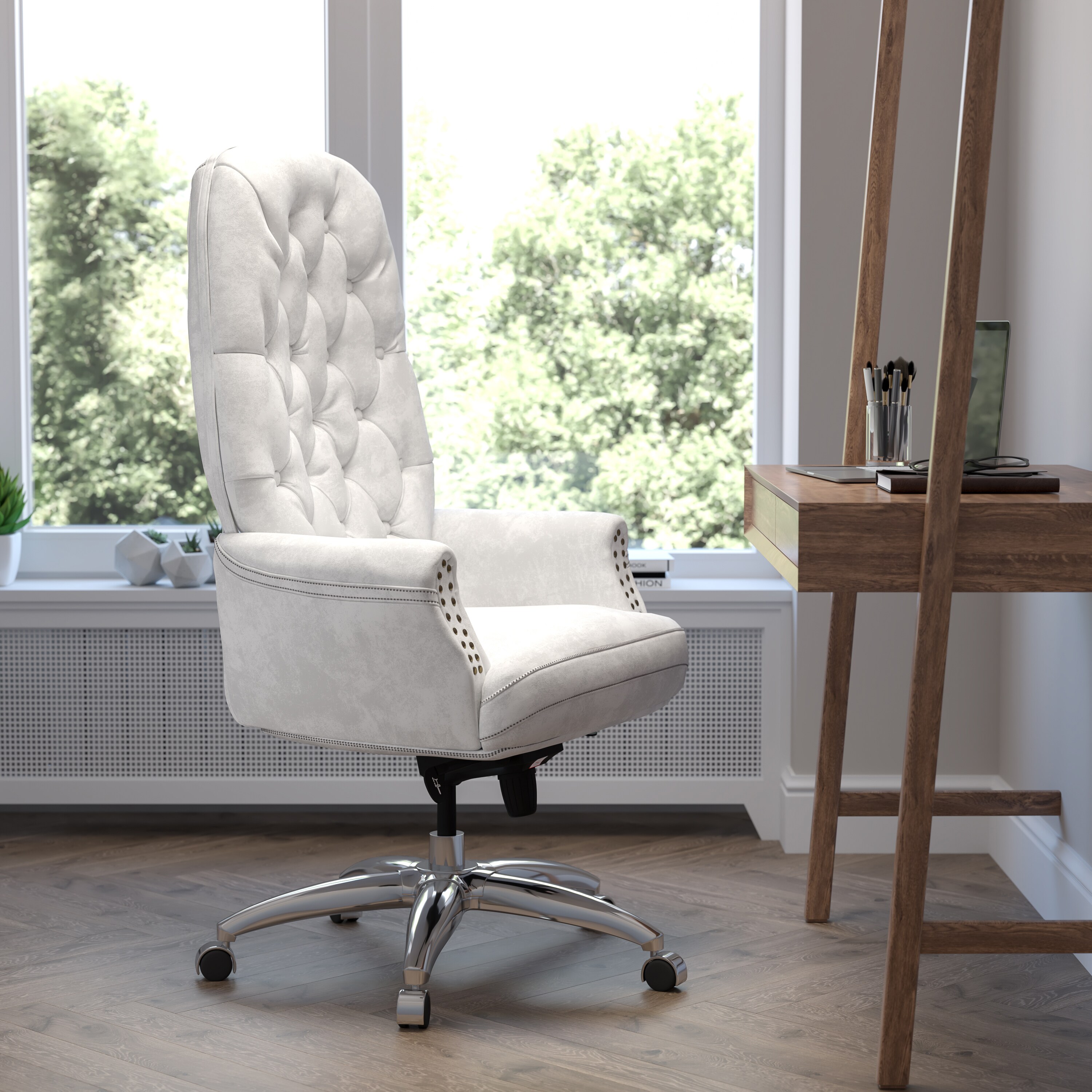 Photo 1 of Flash Furniture White Traditional Adjustable Height Swivel Faux Leather Executive Chair