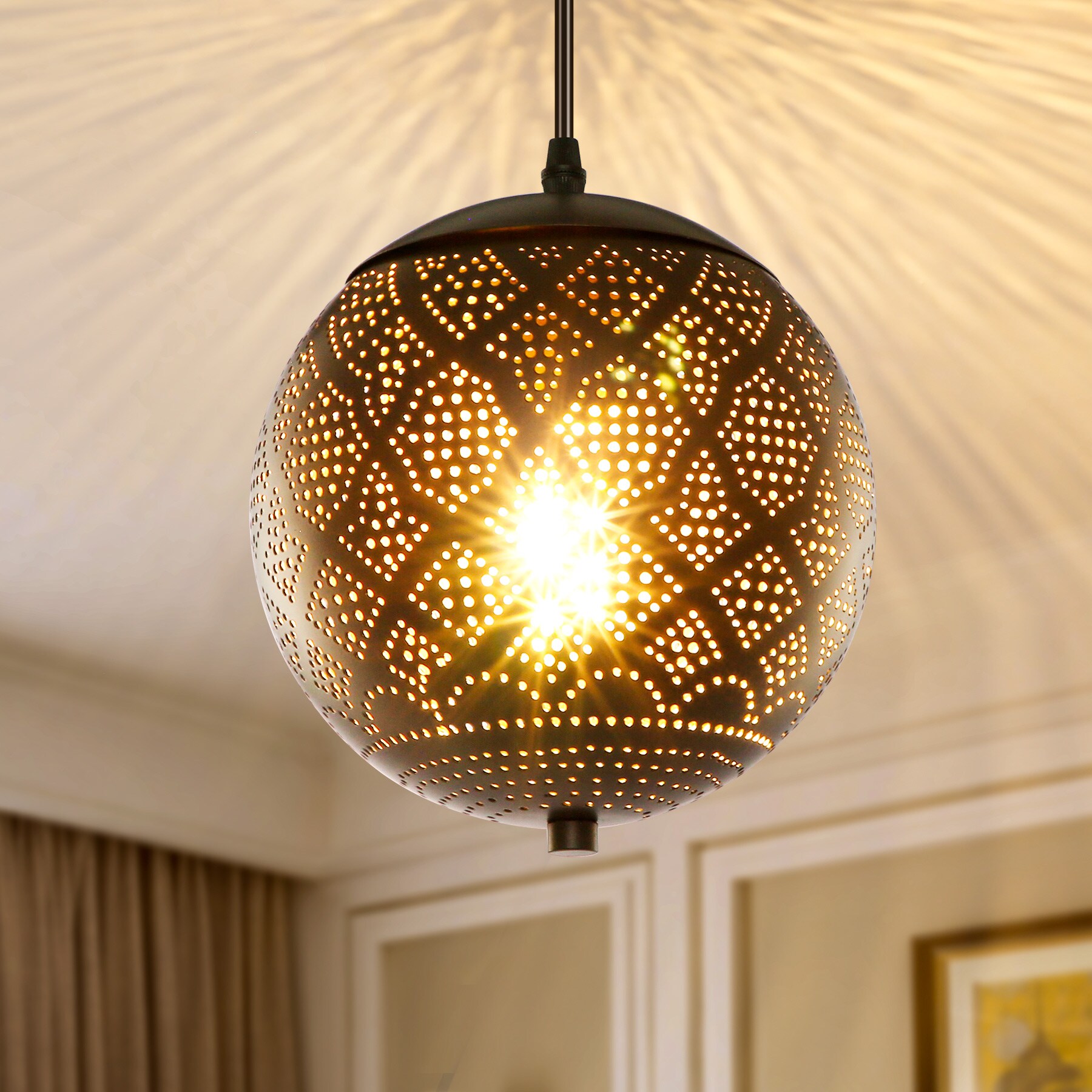 Hanging Lamp Moroccan Punched Metal Swag Lantern Pendant Light Boho Decor 