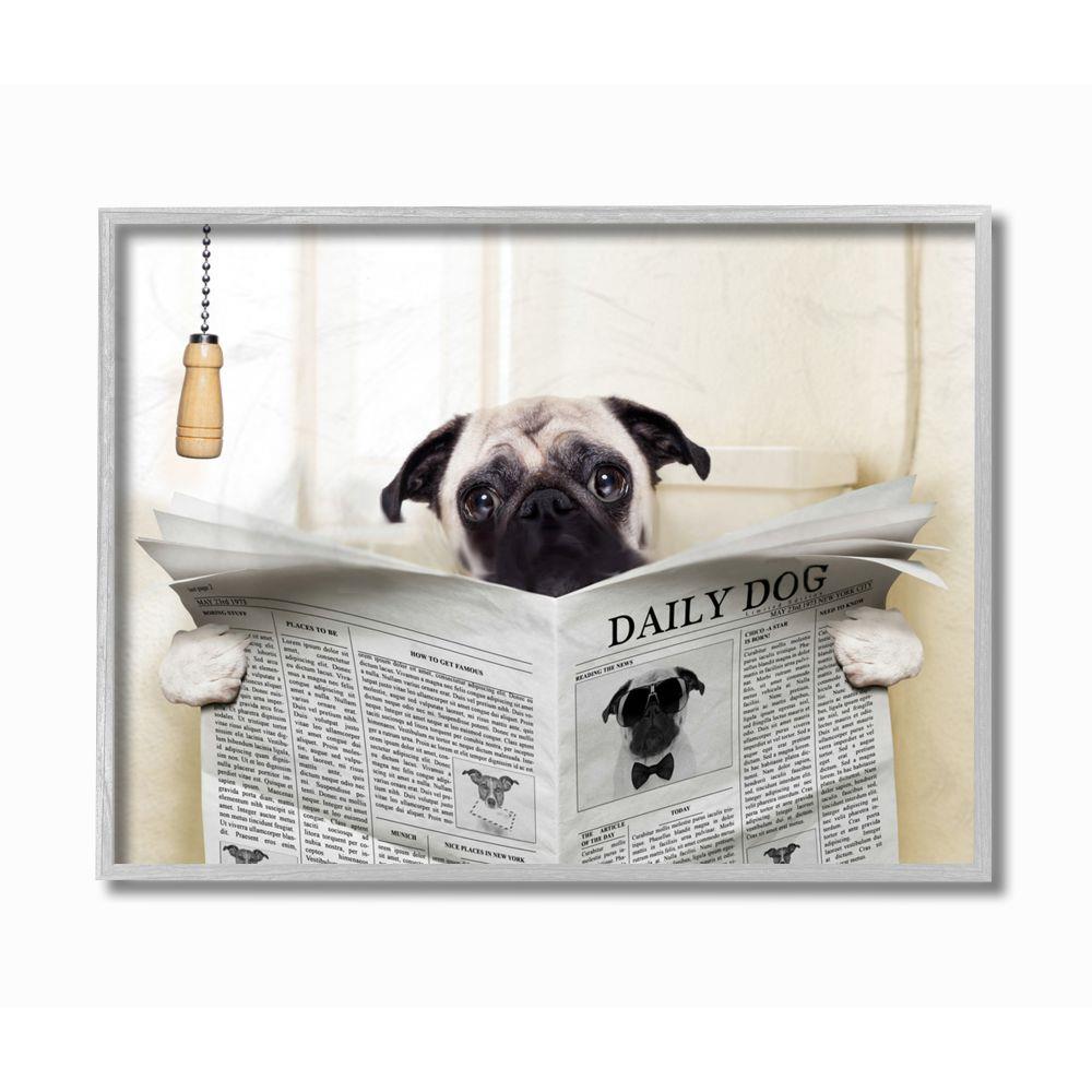 Blue Gray Brown Home Decor Pug Dog Wall Art Bath Tub Photo Print Matted Picture 