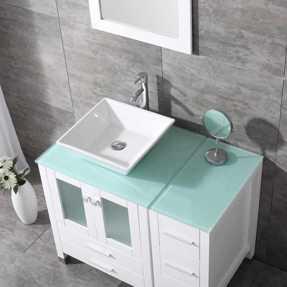 3 Color Bathroom Vanity Plywood Cabinet 36" Ceramic Sink Glass Top w/ Mirror Set 
