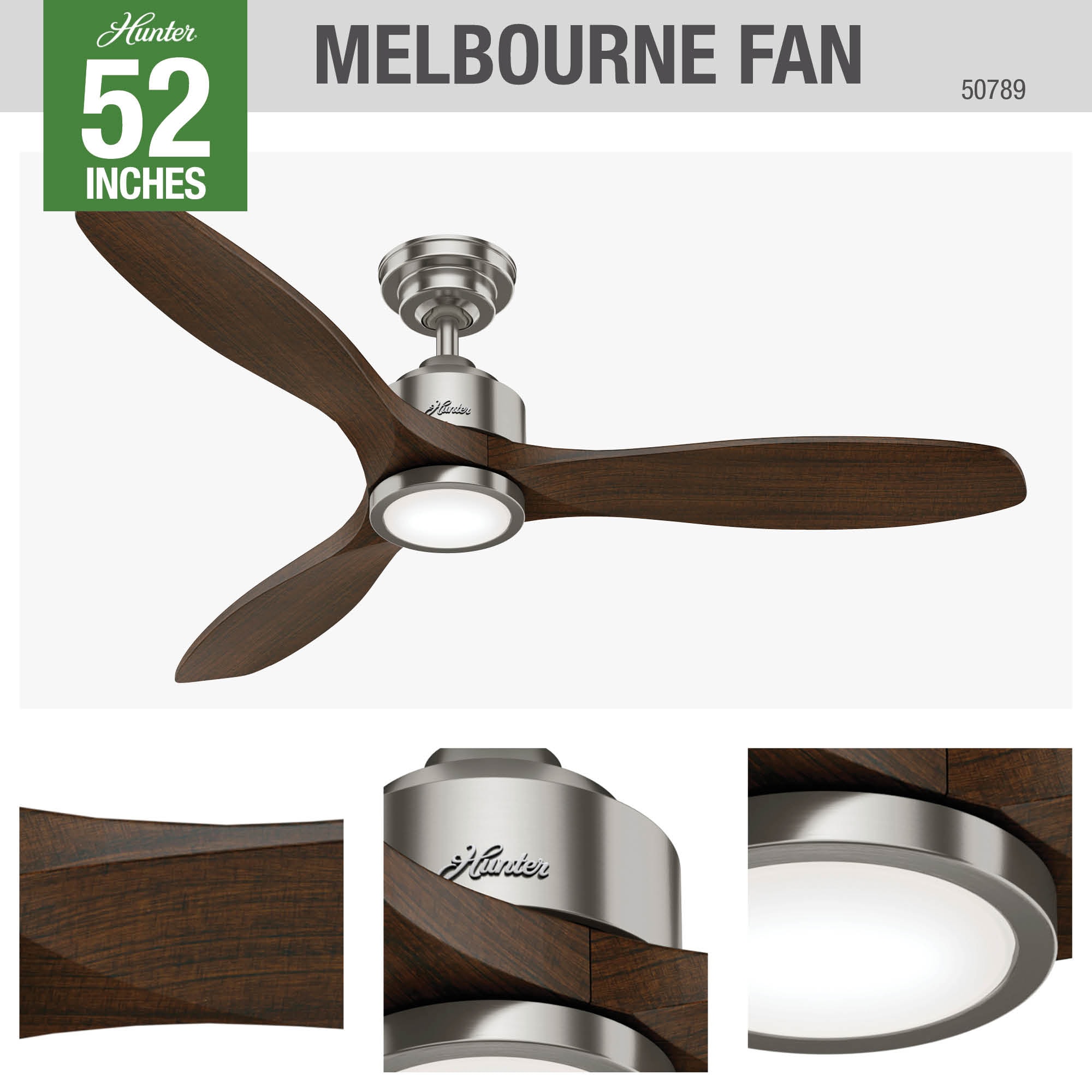 Hunter Melbourne 52-in Brushed Nickel LED Indoor Ceiling Fan with Light  Remote (3-Blade)