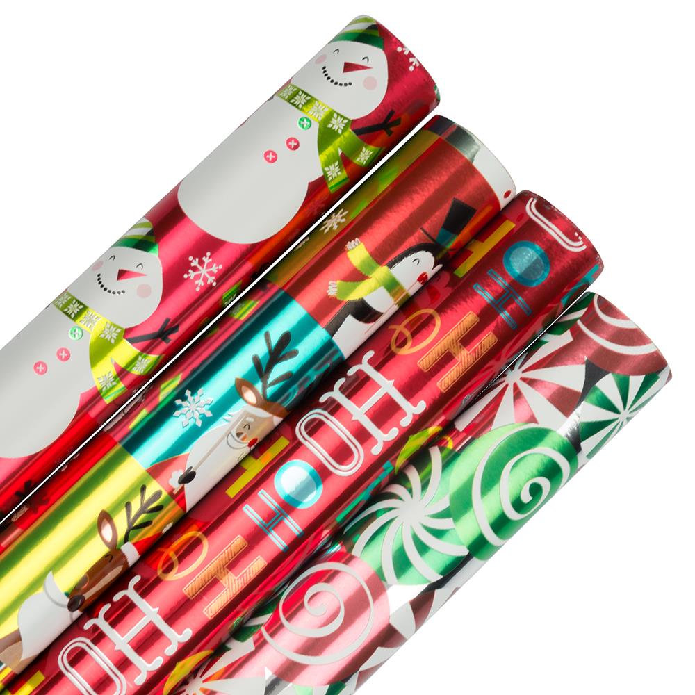 JAM PAPER Assorted Gift Wrap 100 Sq Ft Total Snowman & Santa Set 4 Rolls/Pack Christmas Foil Wrapping Paper 