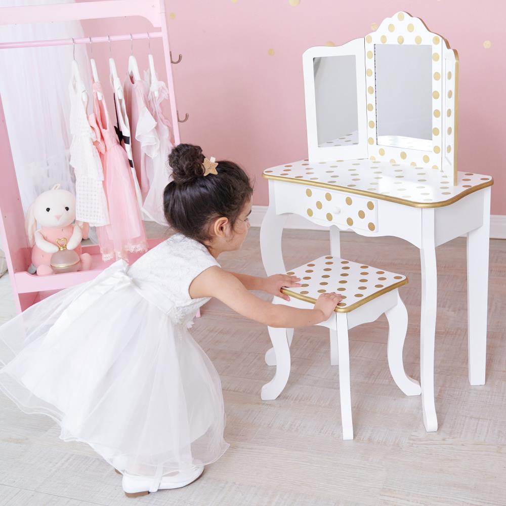 White/ Rose Gold Teamson Kids TD-11670M Fashion Polka Dot Prints Gisele Toy Vanity Set