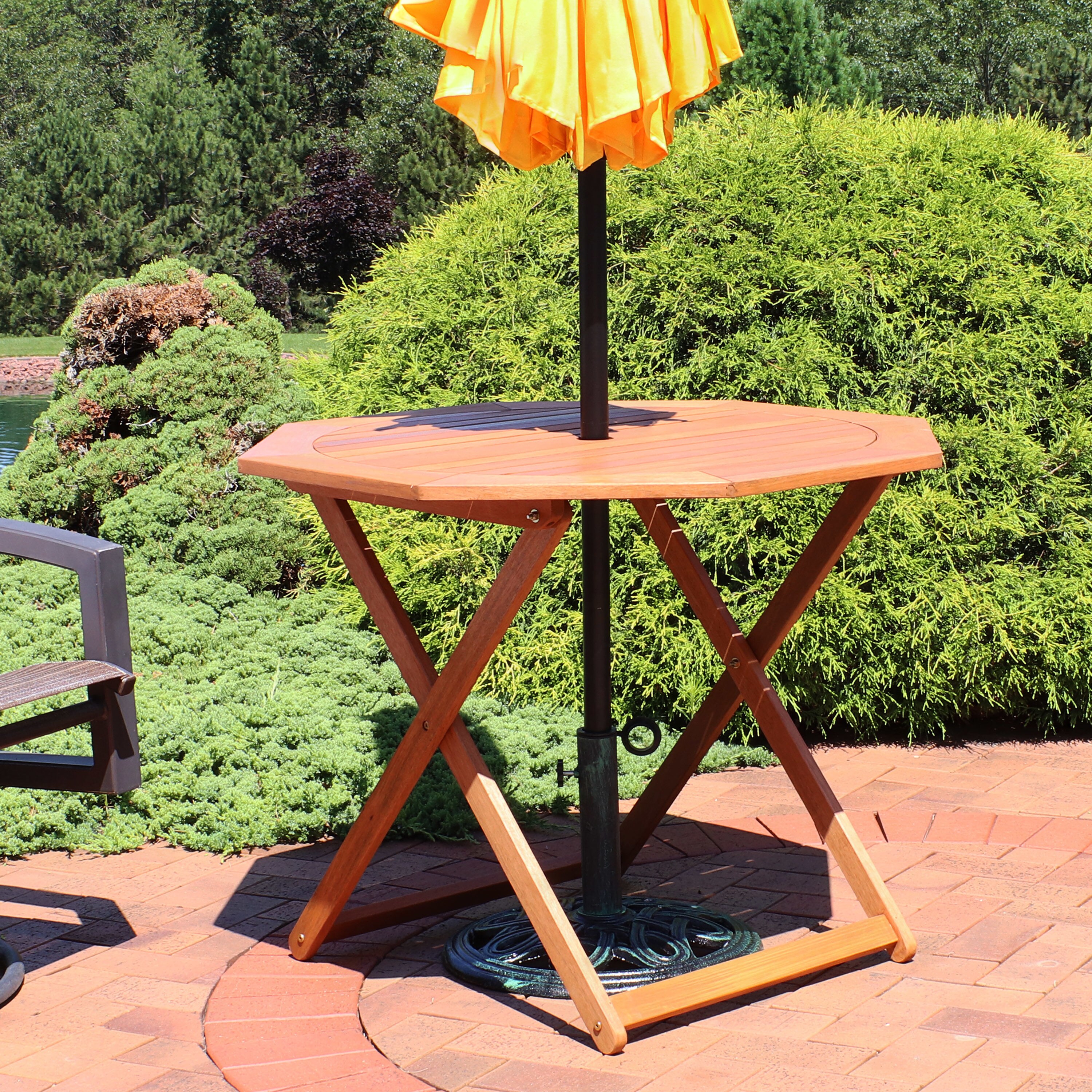 Sunnydaze Meranti Wood Octagon Outdoor Folding Patio Table Teak Oil Finish 