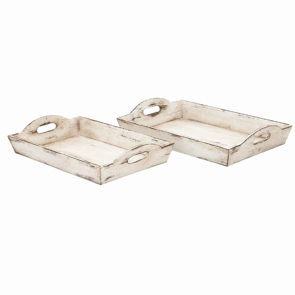 Rustic Dark Gray Wood Serving Tray with Cutout Handles and Angled Edges,Set of 2 