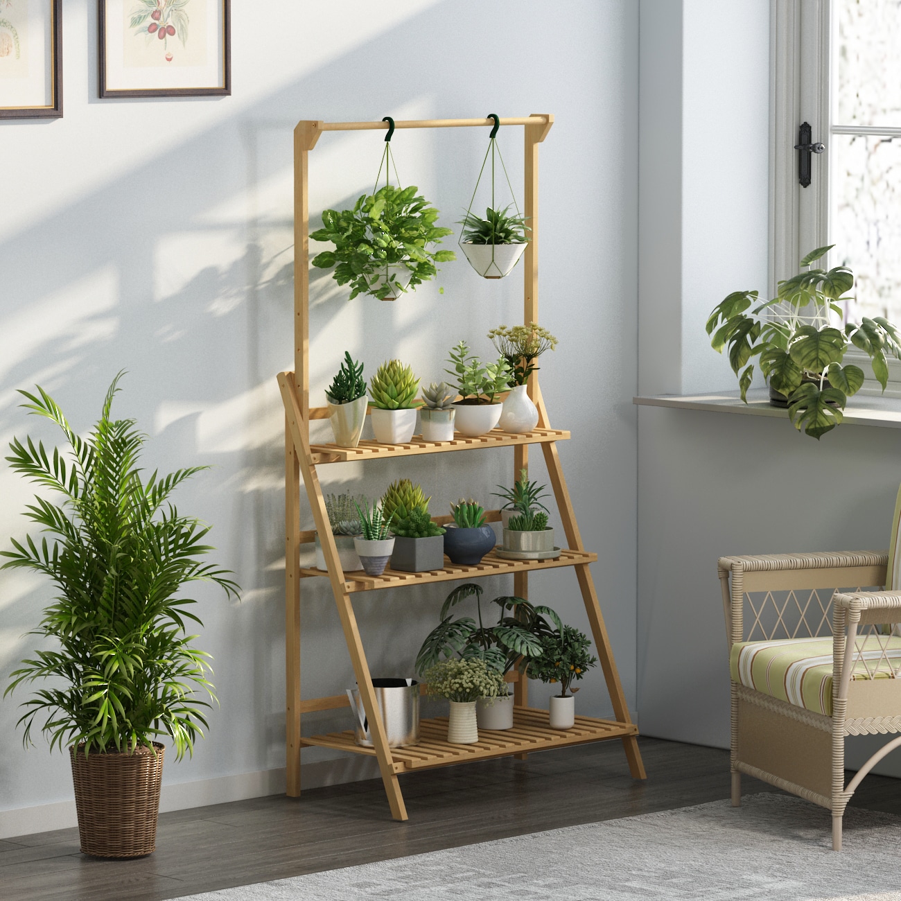 3-Tiers Wooden Plant Stand Flower Rack Shelf Holder W/ Hanging Rod Home Garden 