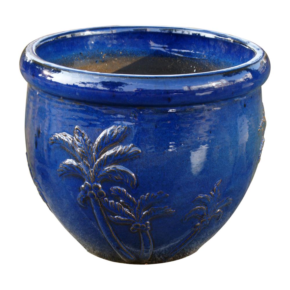 Light Blue Ceramic Large Planter Plant Pot Tropical Leaf Design 
