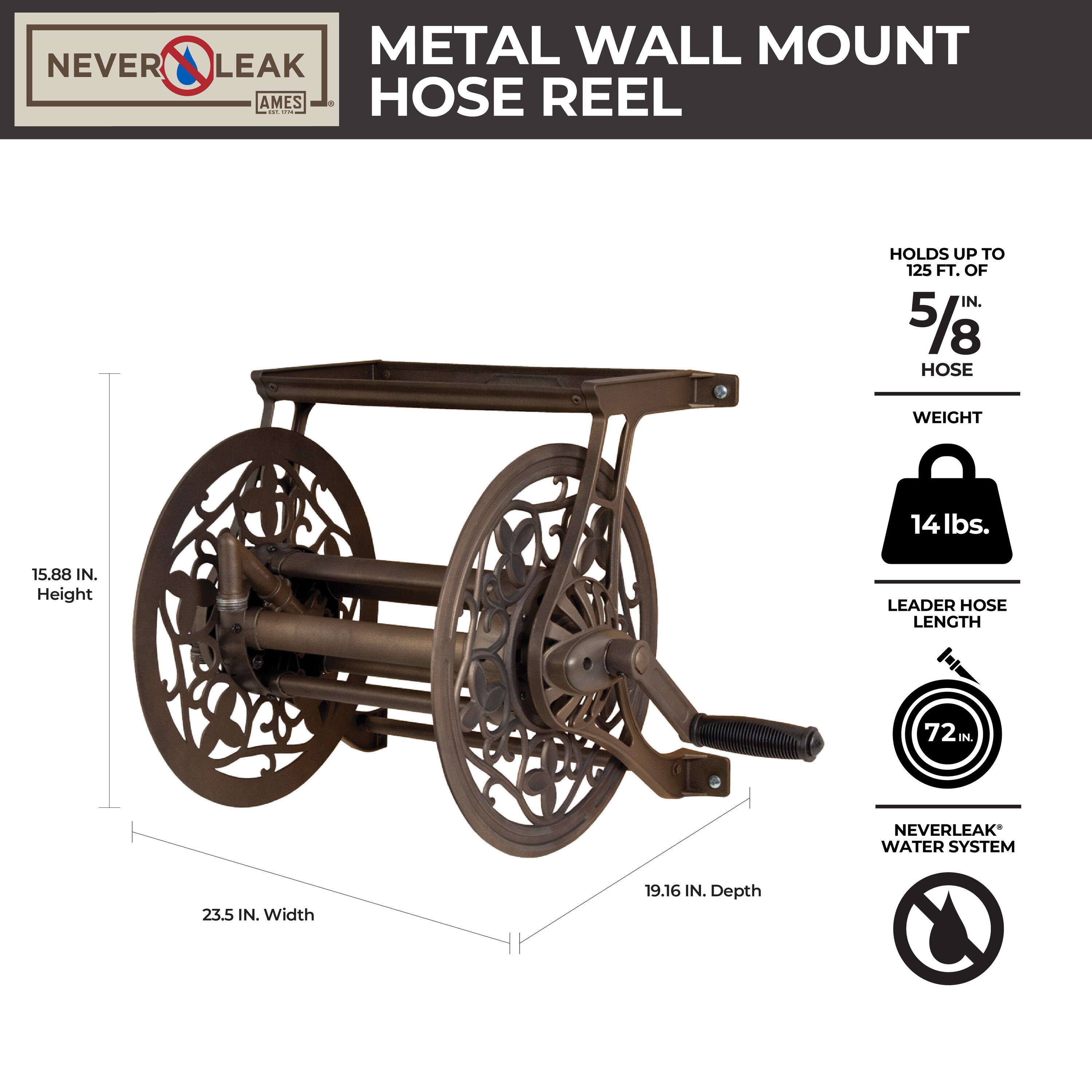 NeverLeak Aluminum 125-ft Wall-mount Hose Reel