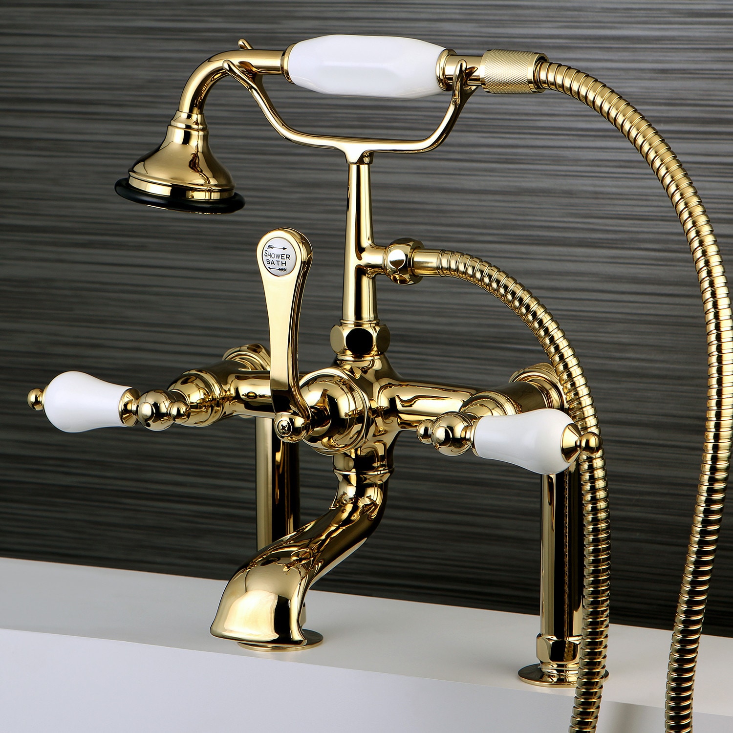 Kingston Brass Vintage Polished Brass 3 Handle Residential Deck Mount Roman Low Arc Bathtub 2764