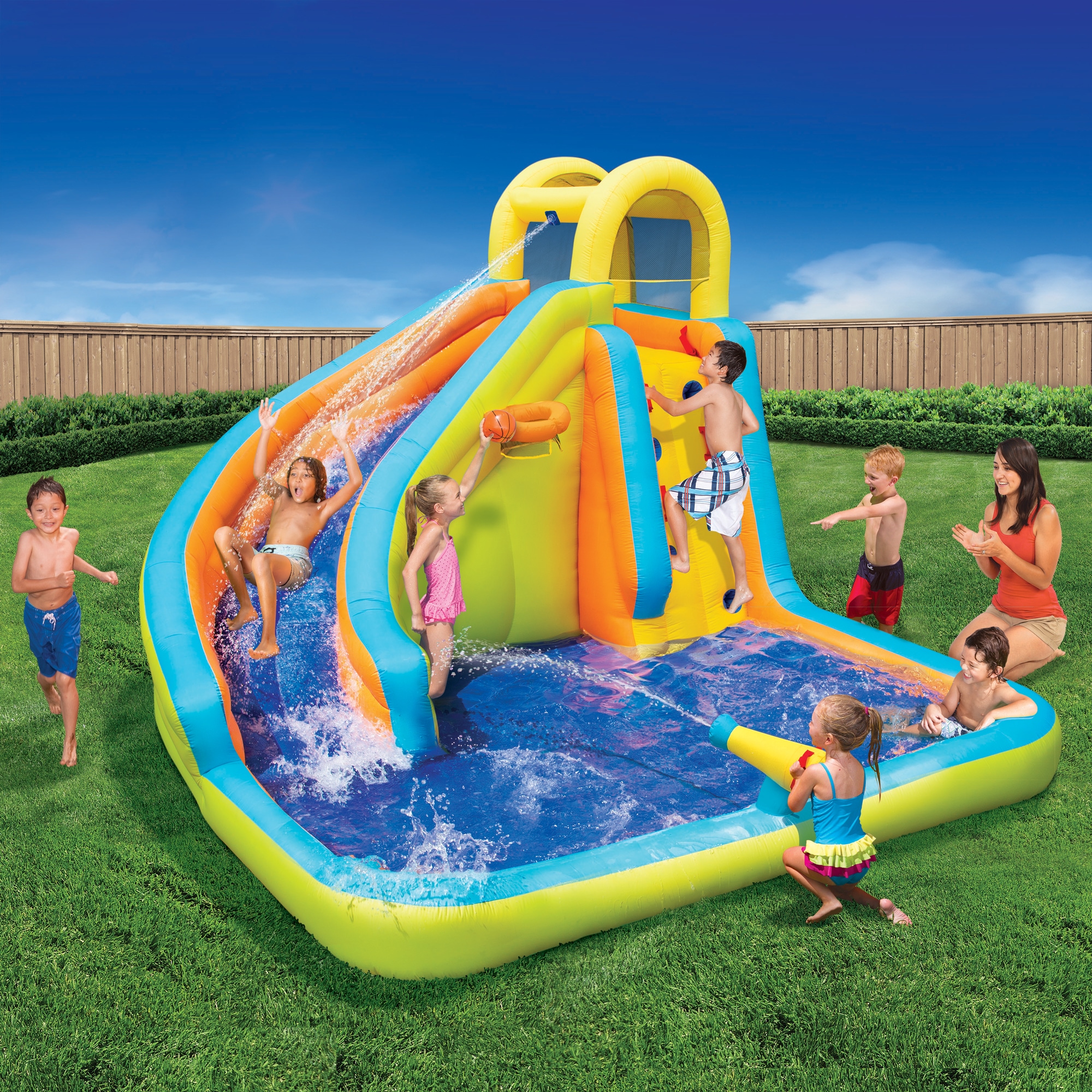 13636 for sale online Banzai Cyclone Splash Park Inflatable with Sprinkling Slide and Water Aqua Pool 