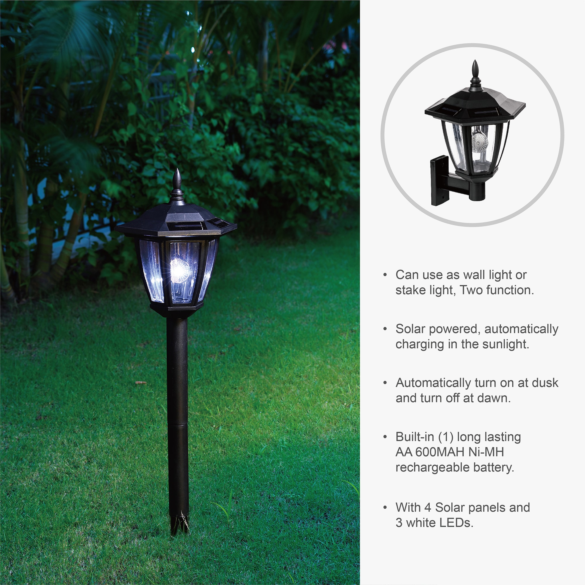 3-In-1 Dual Solar Lanterns Powered Outdoor Lights Lamp Pole Stake or Wall Mount 