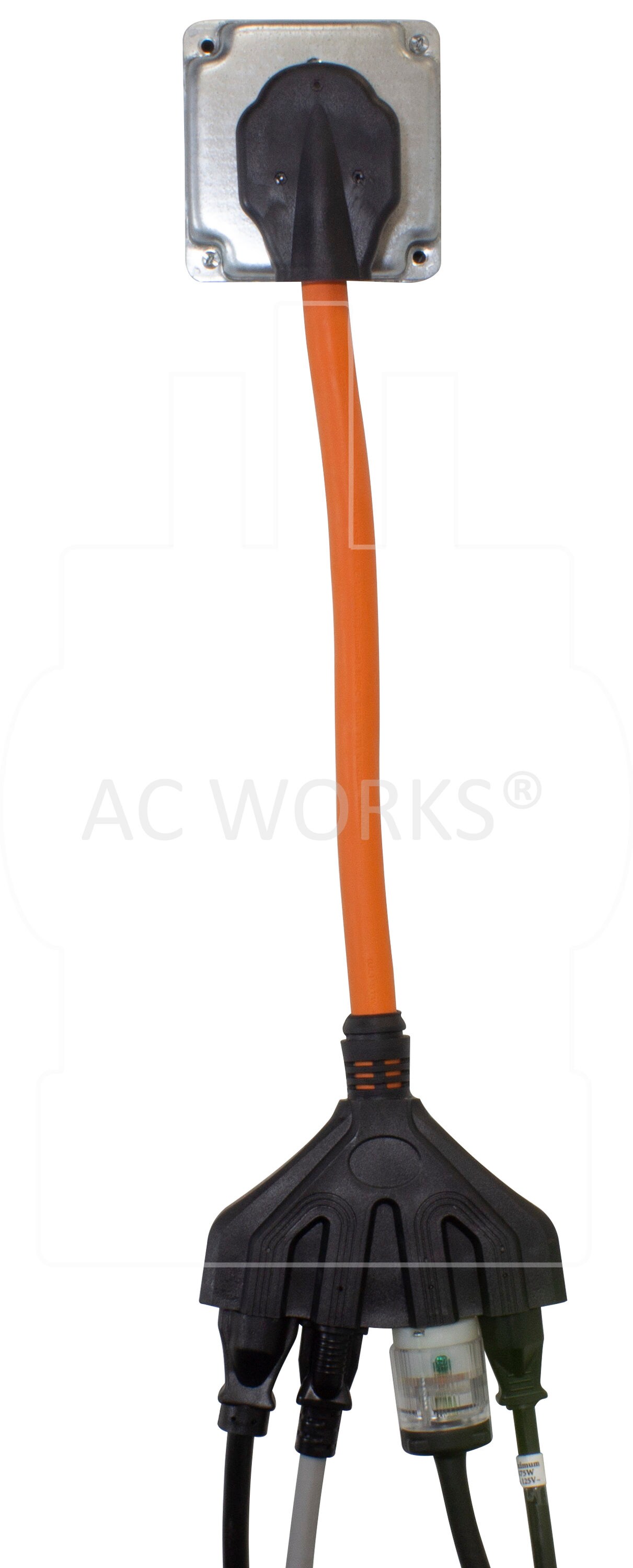 AC WORKS 1.5ft NEMA 14-50P to Four NEMA 5-20R 50-Amp 4-wire To 3-wire Grounding Single To Four Orange Basic Flexible Adapter