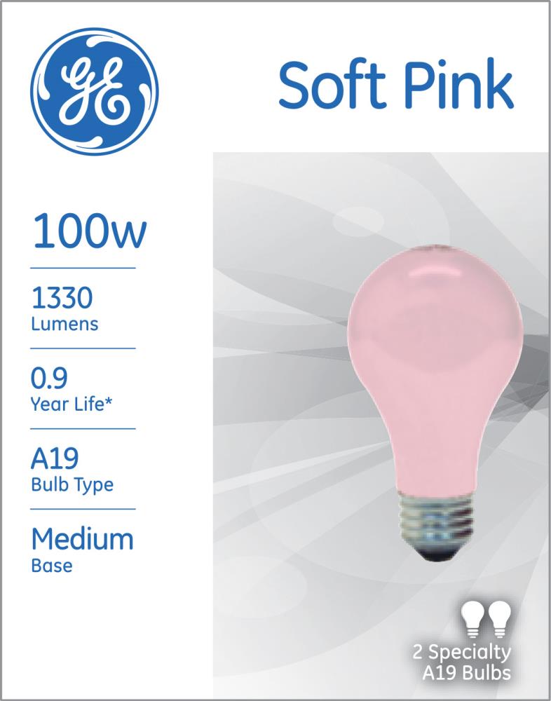 Pack 1860. GE Incandescent Bulbs Soft Pink 100W 2 Bulbs 