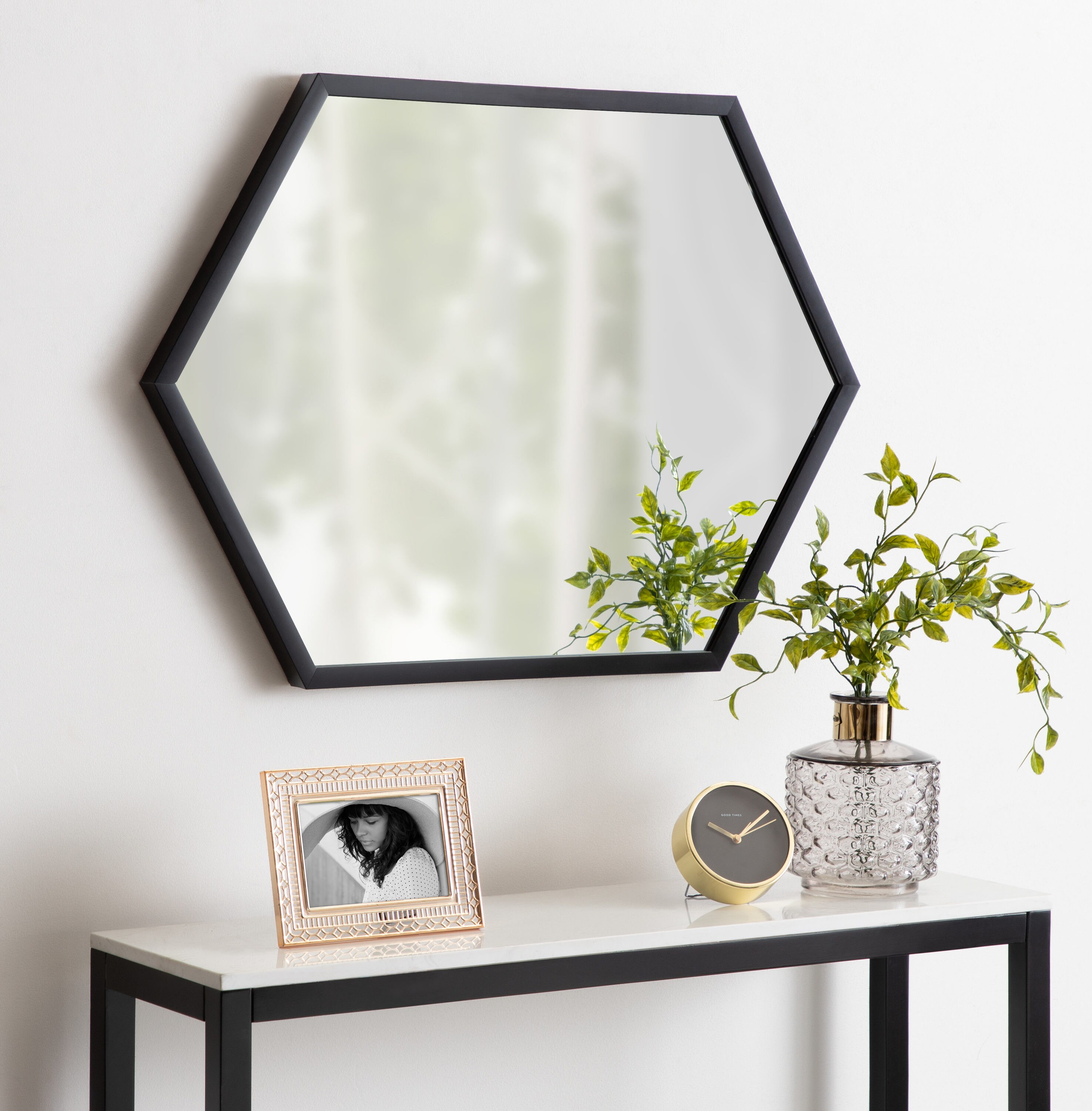 22 x 31 Kate and Laurel Laverty Mid-Century Framed Hexagon Mirror Walnut Brown Modern Geometric Wall Decor