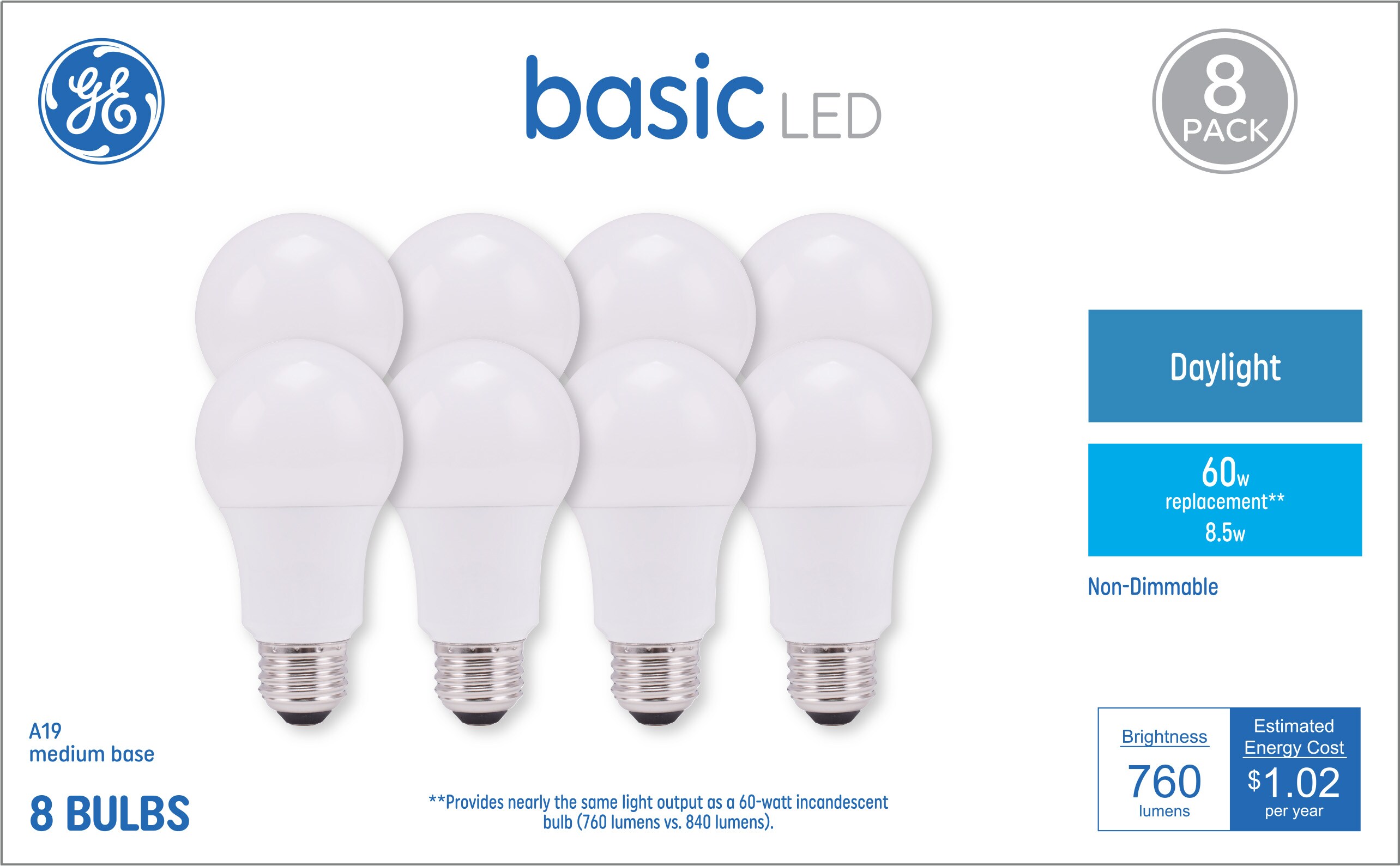 GE Basic A19 Daylight Medium Base (e-26) LED Bulb (8-Pack) at Lowes.com