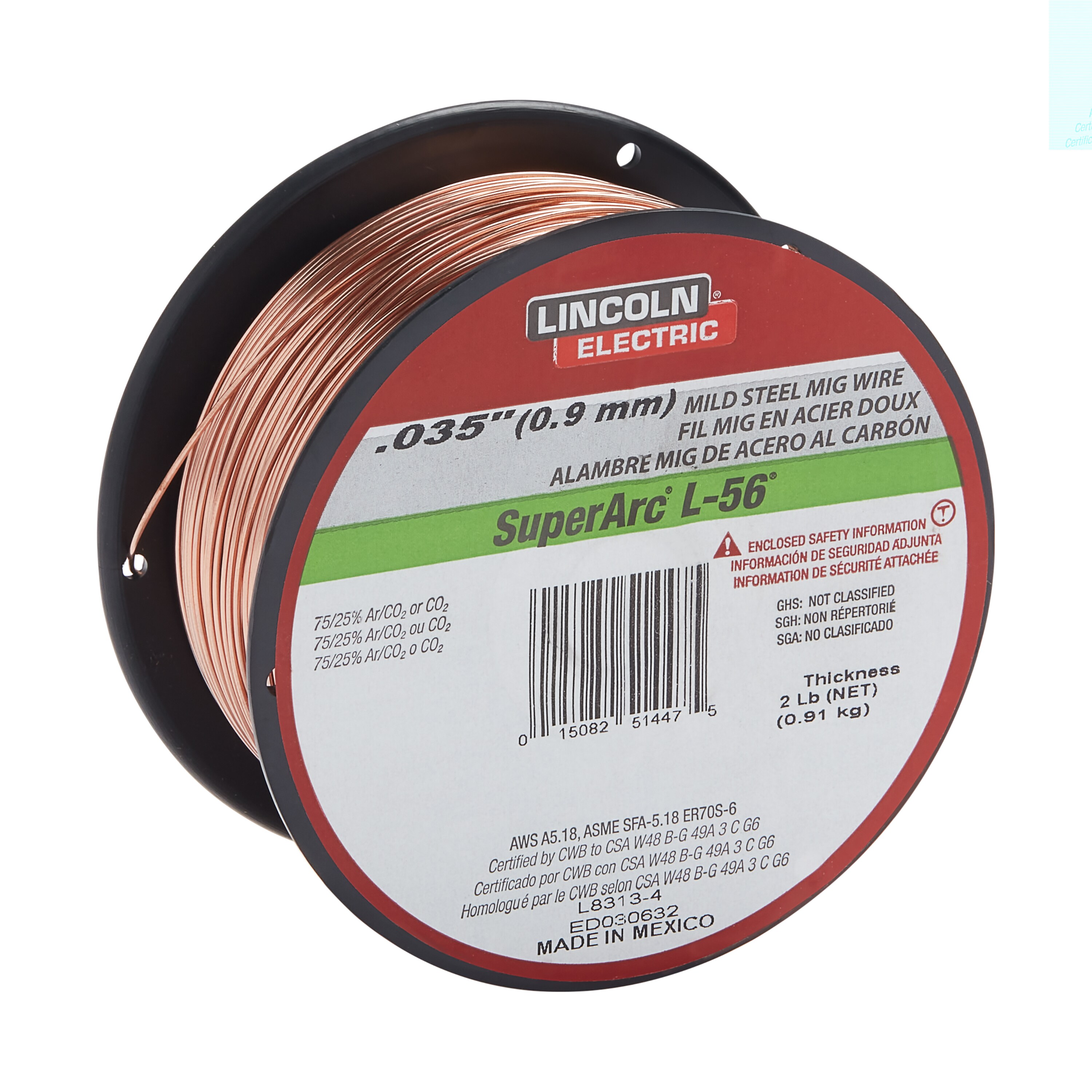 Model Number ED029042 Lincoln Electric SuperArc L-56 MIG Welding Wire Spool 12 1/2-Lb Mild Steel Copper Coated.045in 