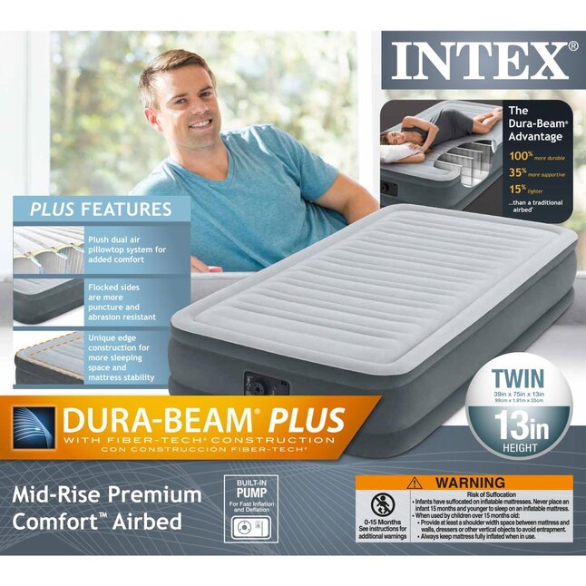 Open Box Intex PVC Dura-Beam Series Mid Rise Airbed w/ Built In Pump Twin