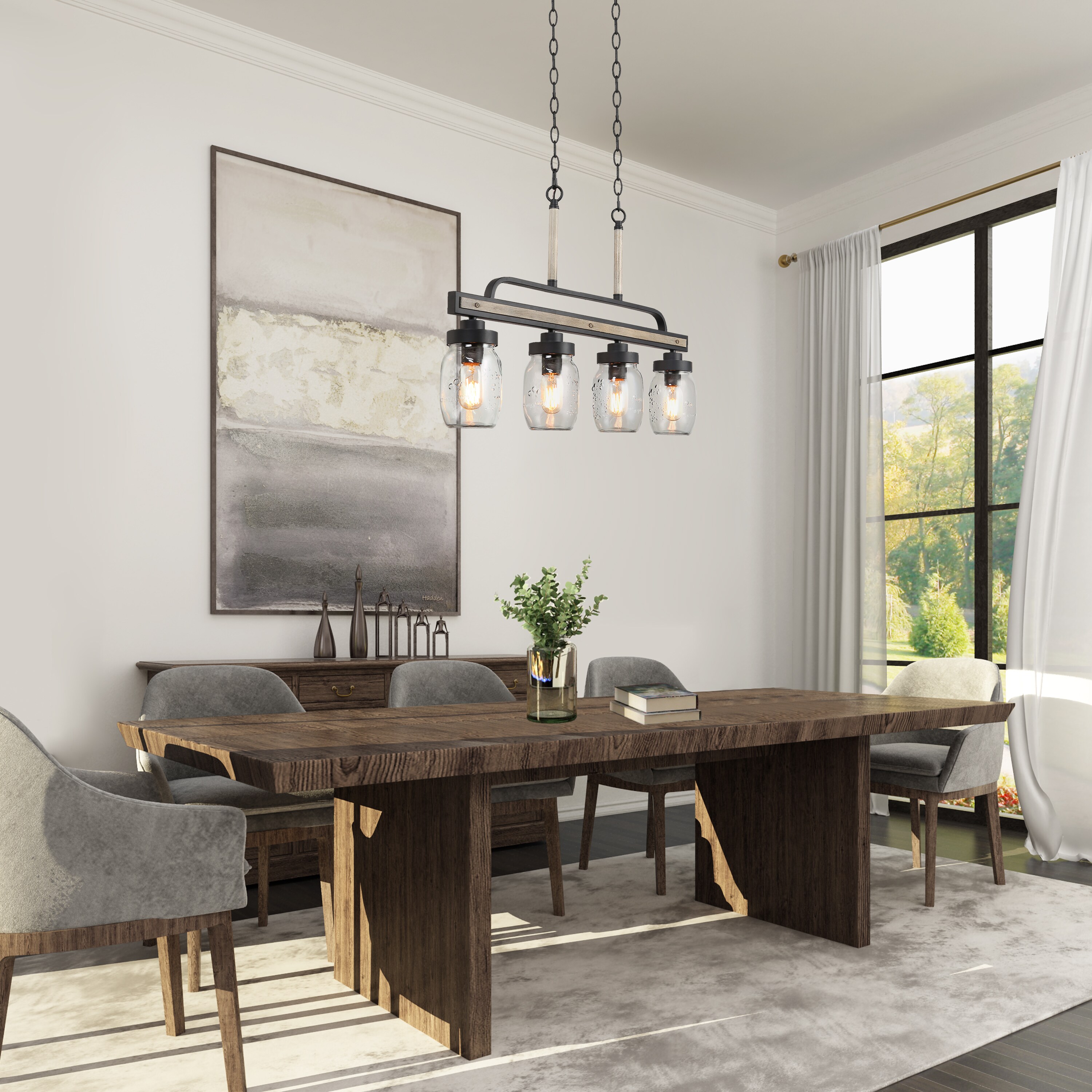 LNC Aries 4-Light Matte Black and Light Gray Farmhouse Clear Glass Linear Kitchen Island Light