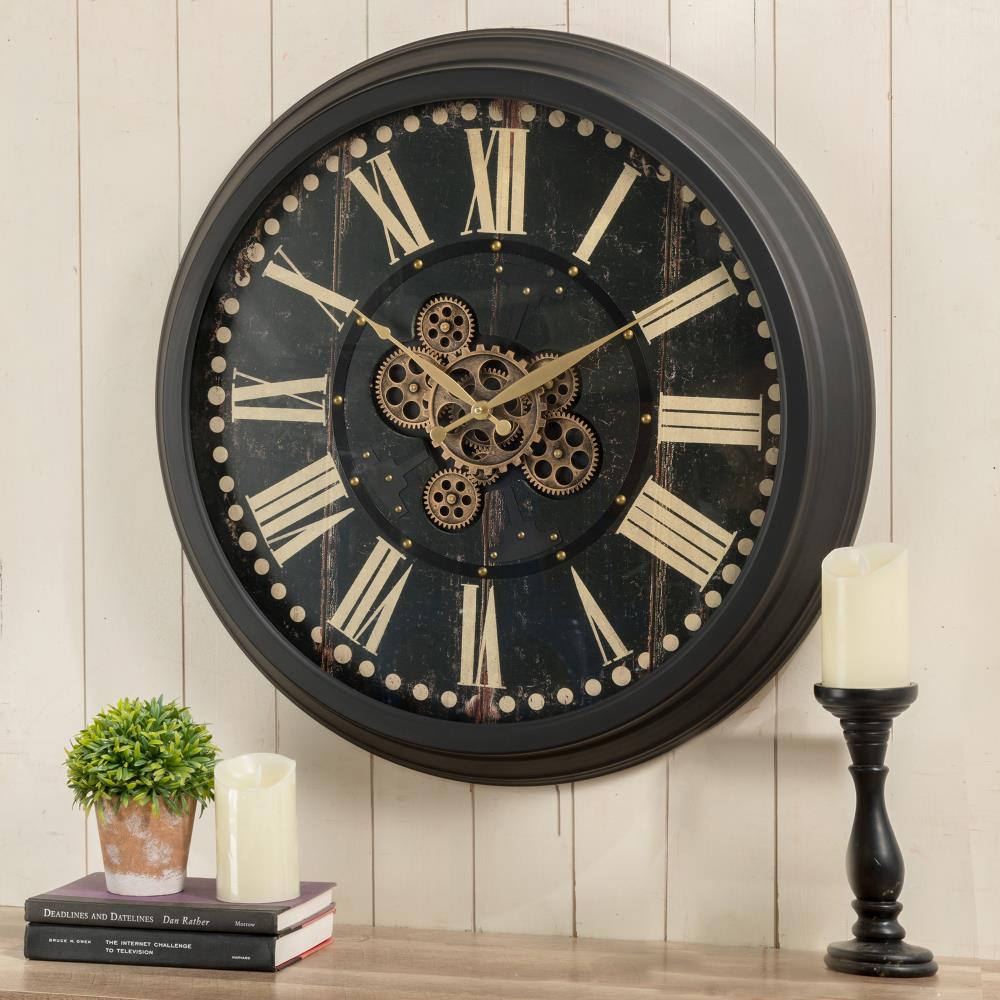 Large Vintage Round Quartz Analogue Wall Clock with Wooden Frame 