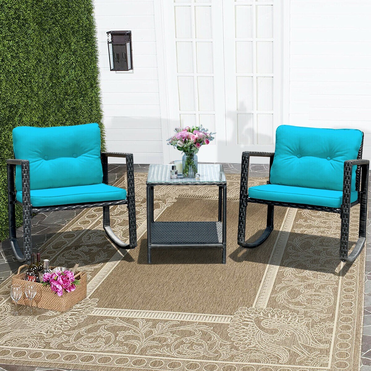 Blue Cushion 3 Piece Steel Rocking Patio Furniture Set Modern Outdoor Wicker Conversation Chair Sets with Soft Cushion and Coffee Table