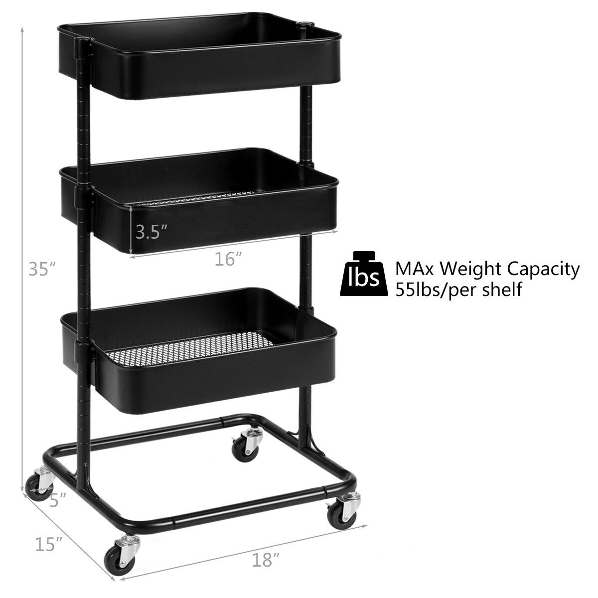 Large Size Full Metal Rolling Trolley for Kitchen 3-Tier Rolling Basket Stand 