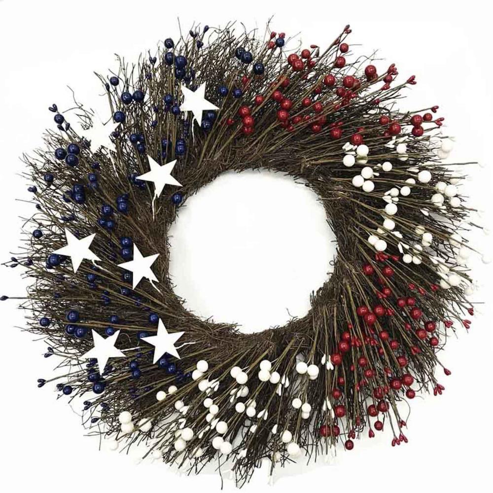 One Holiday Way 20 Inch Patriotic Red 4th of July Decoration White and Blue Berry and Metal Star Americana Door Wreath