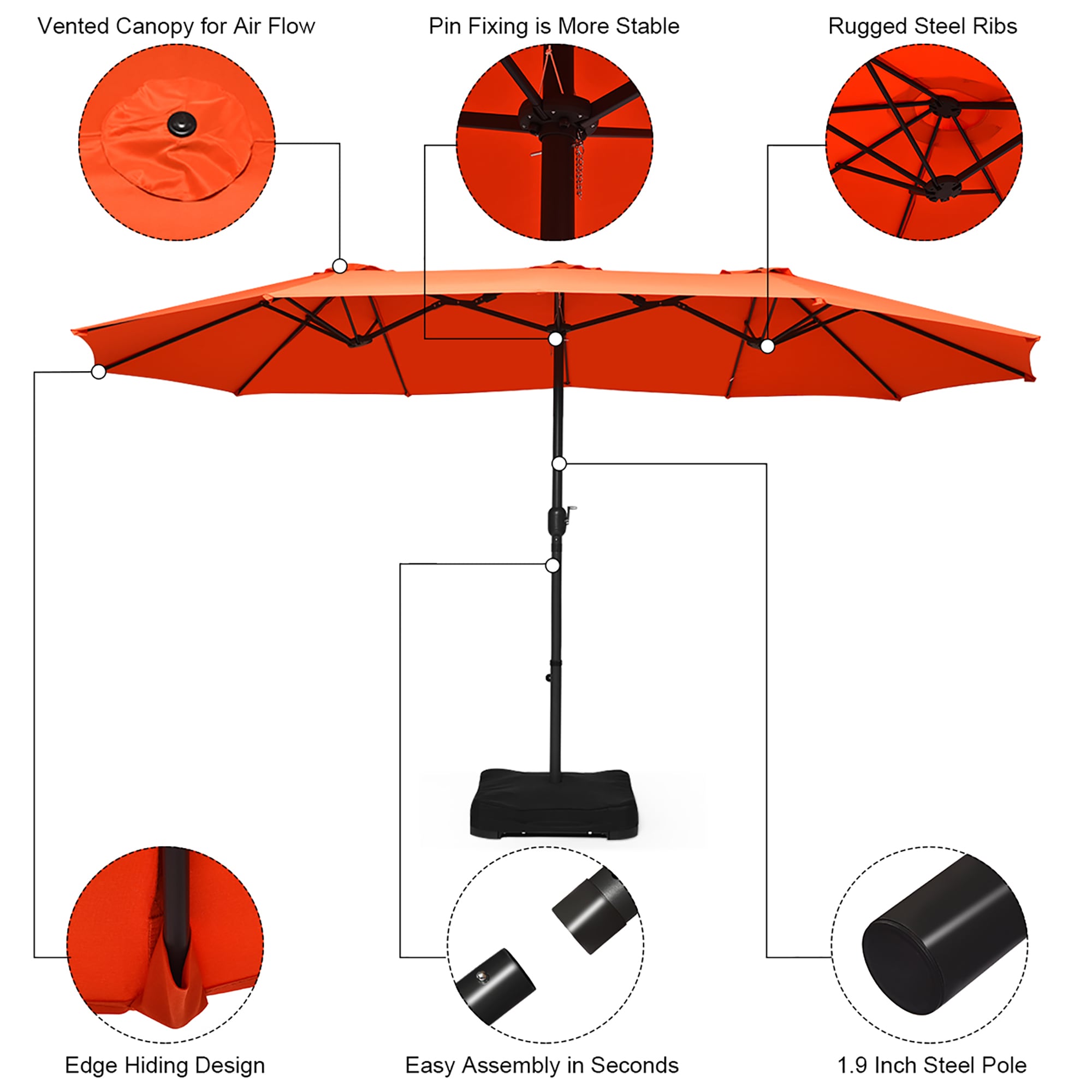 15 Ft Patio Double Sided Umbrella Garden Market Umbrella w/Crank & Base Orange 