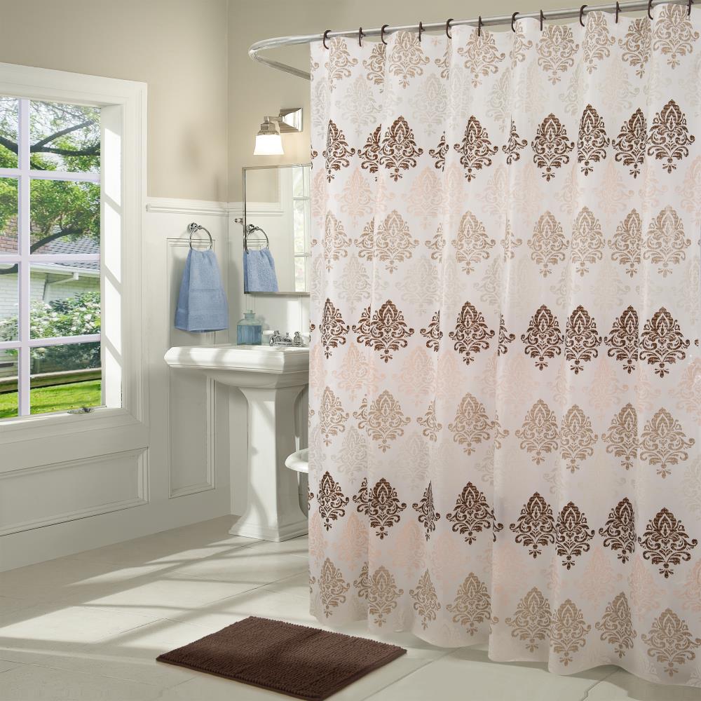 Beige Black Damask Elegant 15 pc Shower Curtain Set Hooks 72 inch L Bath Rugs 