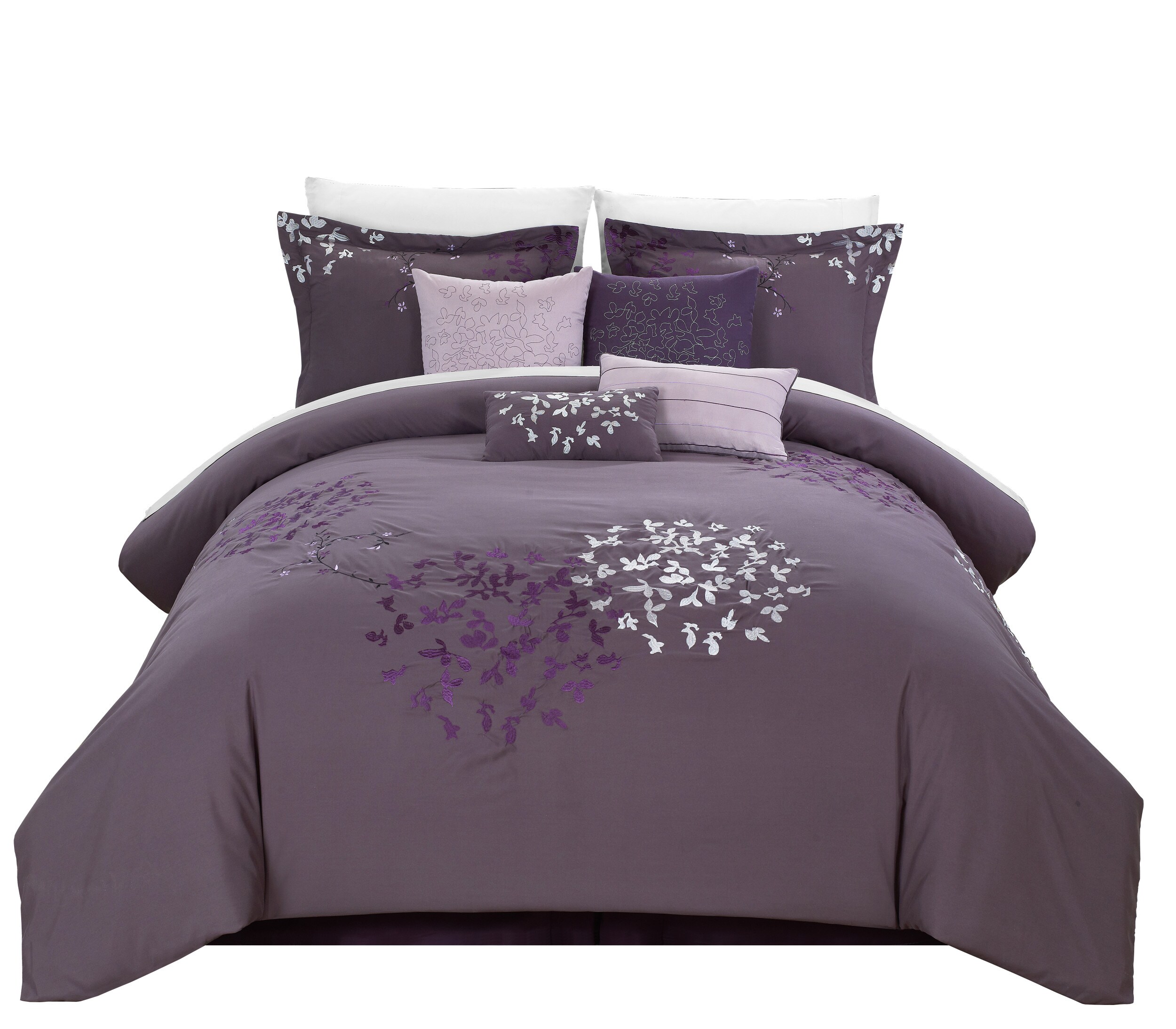 6PC Puple Flower with Leaves Printed Floral Oversize+Overfilled Comforter Set 