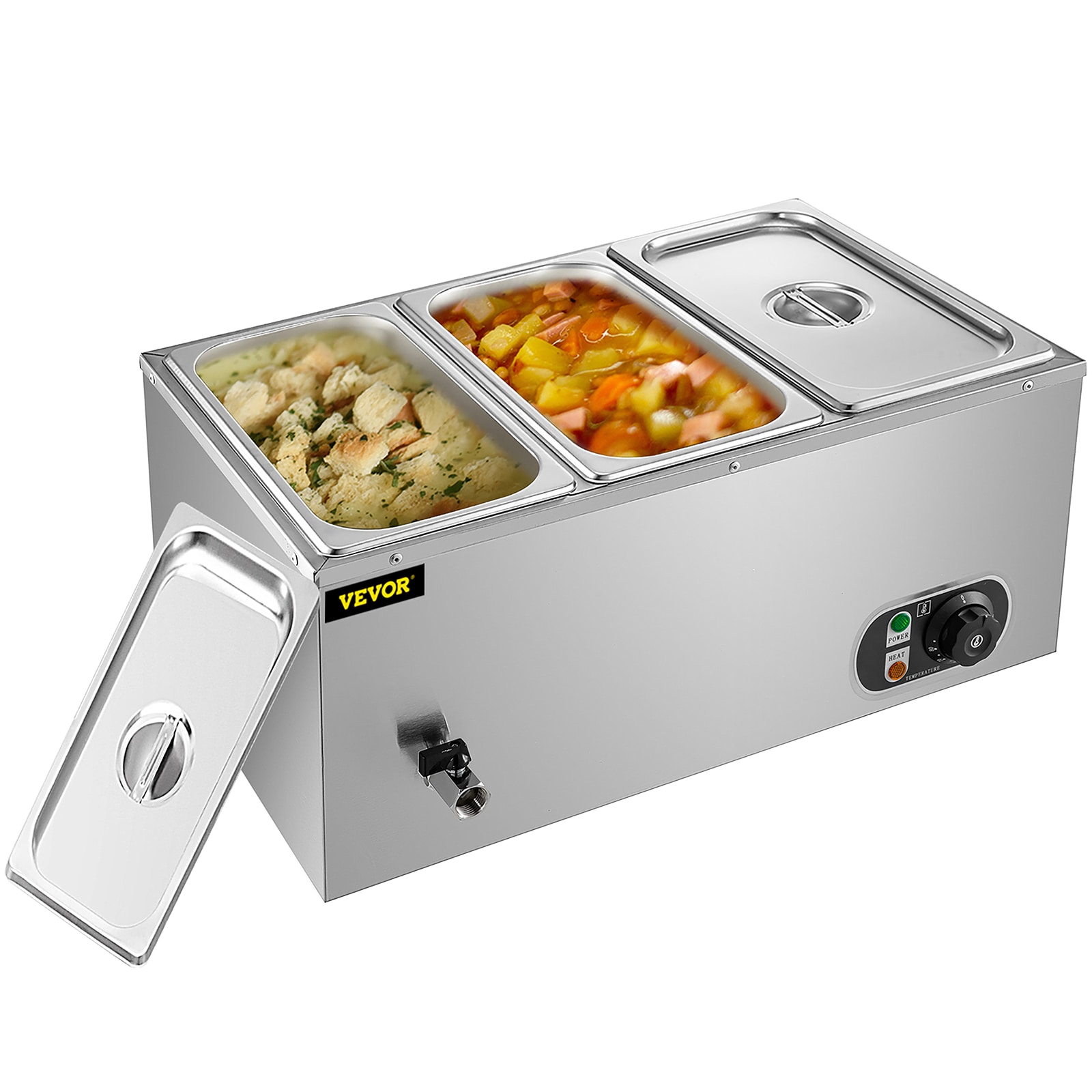 VEVOR 110V 3-Pan Commercial Food Warmer, 1200W Electric Steam