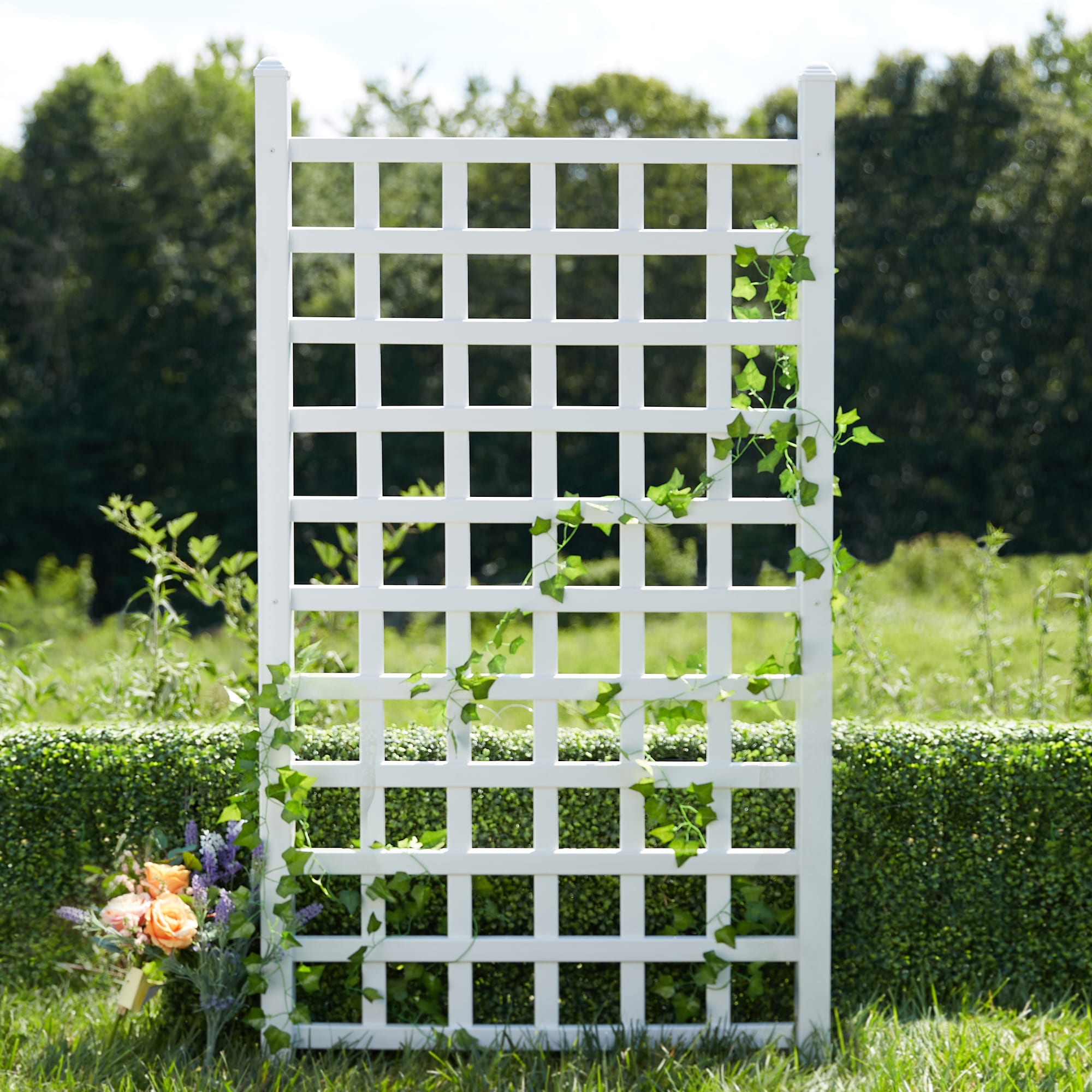 30"x66" White Square Grid Freestanding Vinyl Cottage Trellis Vine Plant Support 