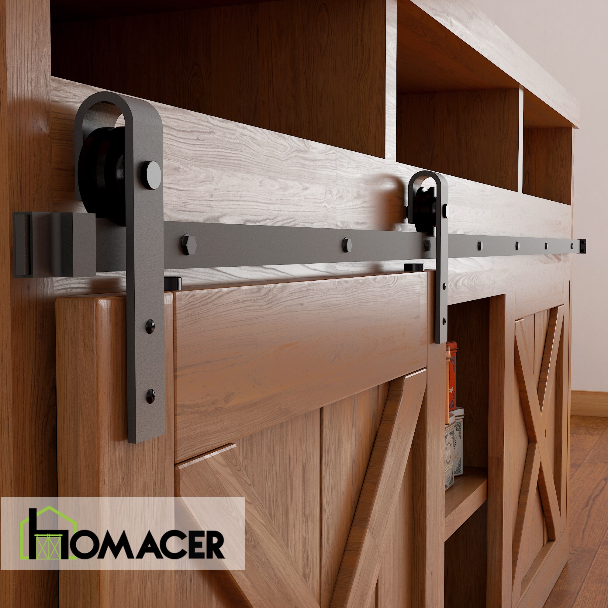 HOMACER 66in Rustic Black Interior/Exterior Jstrap Barn Door Kit in