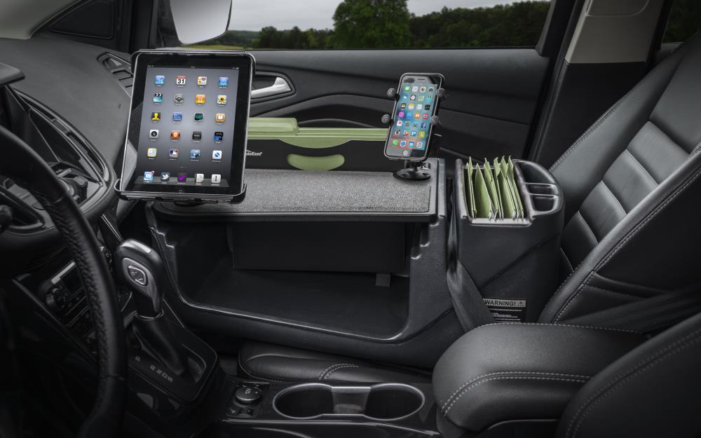AutoExec AUE18475 GripMaster Car Desk Black with Built-in Power Inverter, iPad/Tablet Mount and Printer Stand 