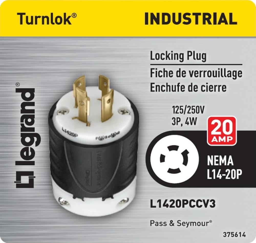 Pass & Seymour Yellow/Black Turnlok Plug NEMA L20-20 20A 347/600VAC 4P4W L2020-P 