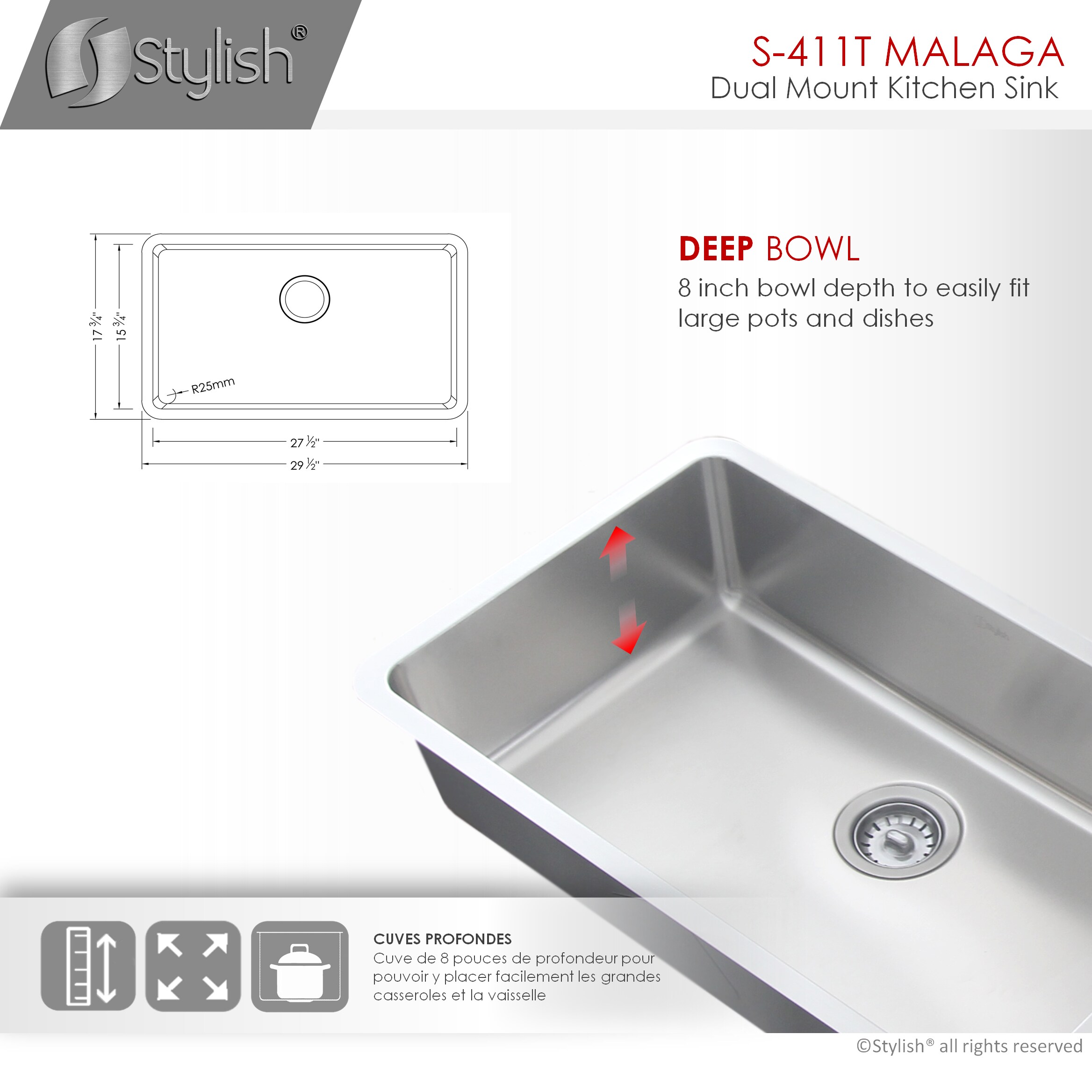 Stylish Builders Dual mount 225.25 in x 25.725 in Brushed Satin Single Bowl  Kitchen Sink