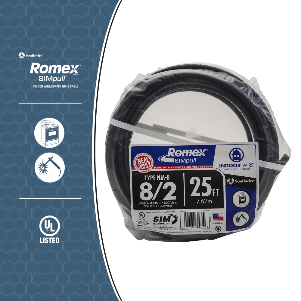 8/2 W/GR 25' FT ROMEX INDOOR ELECTRICAL WIRE MADE IN USA 