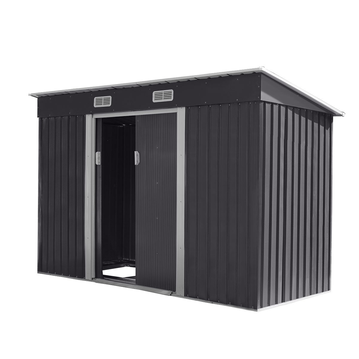 Green & White Godyluck 9 x 4 Outdoor Metal Garden Storage Shed with Double Sliding Doors and 2 Vents for Lighting and Airflow