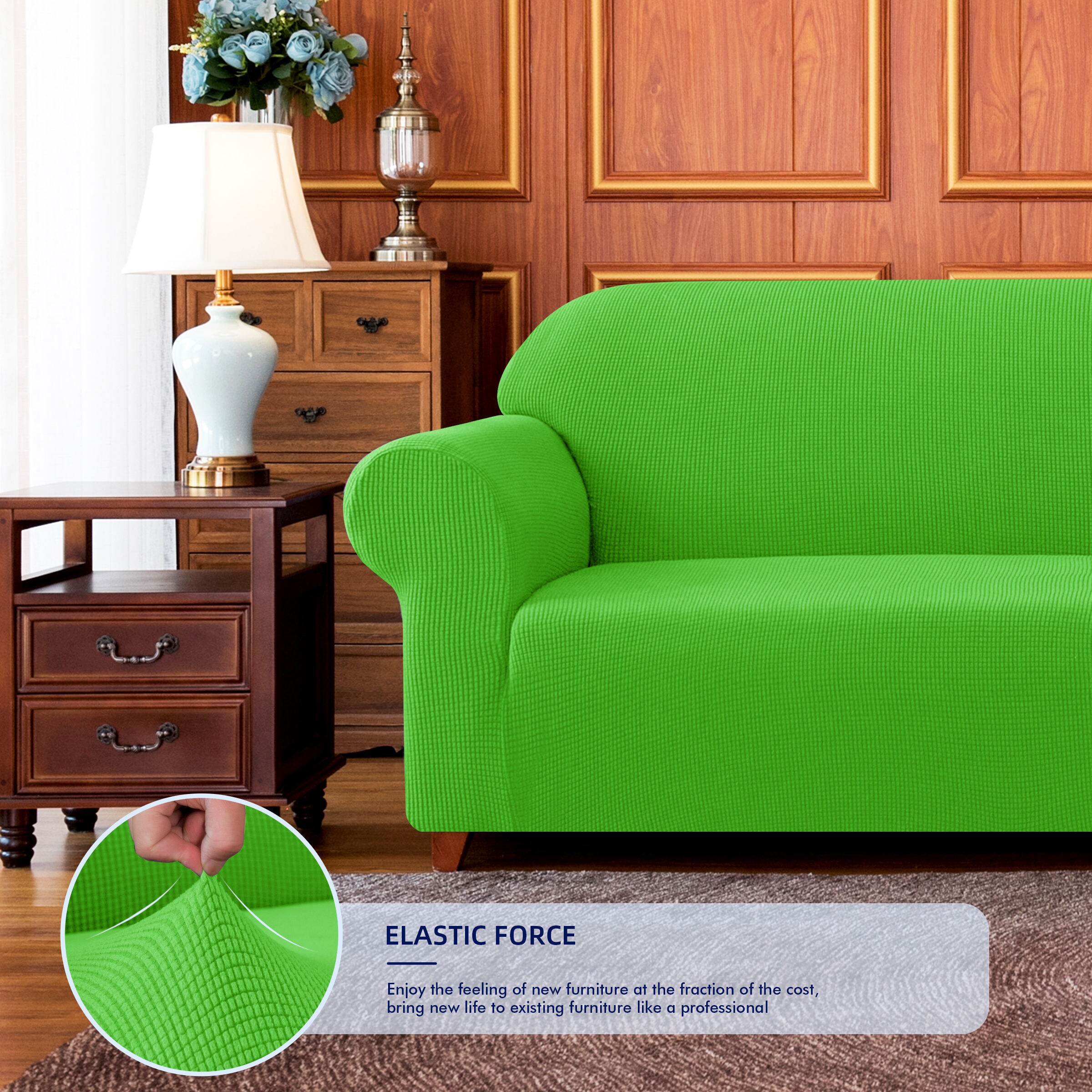 Subrtex Textured Grid Grass Green Jacquard Sofa Slipcover 92-in W X 41 ...